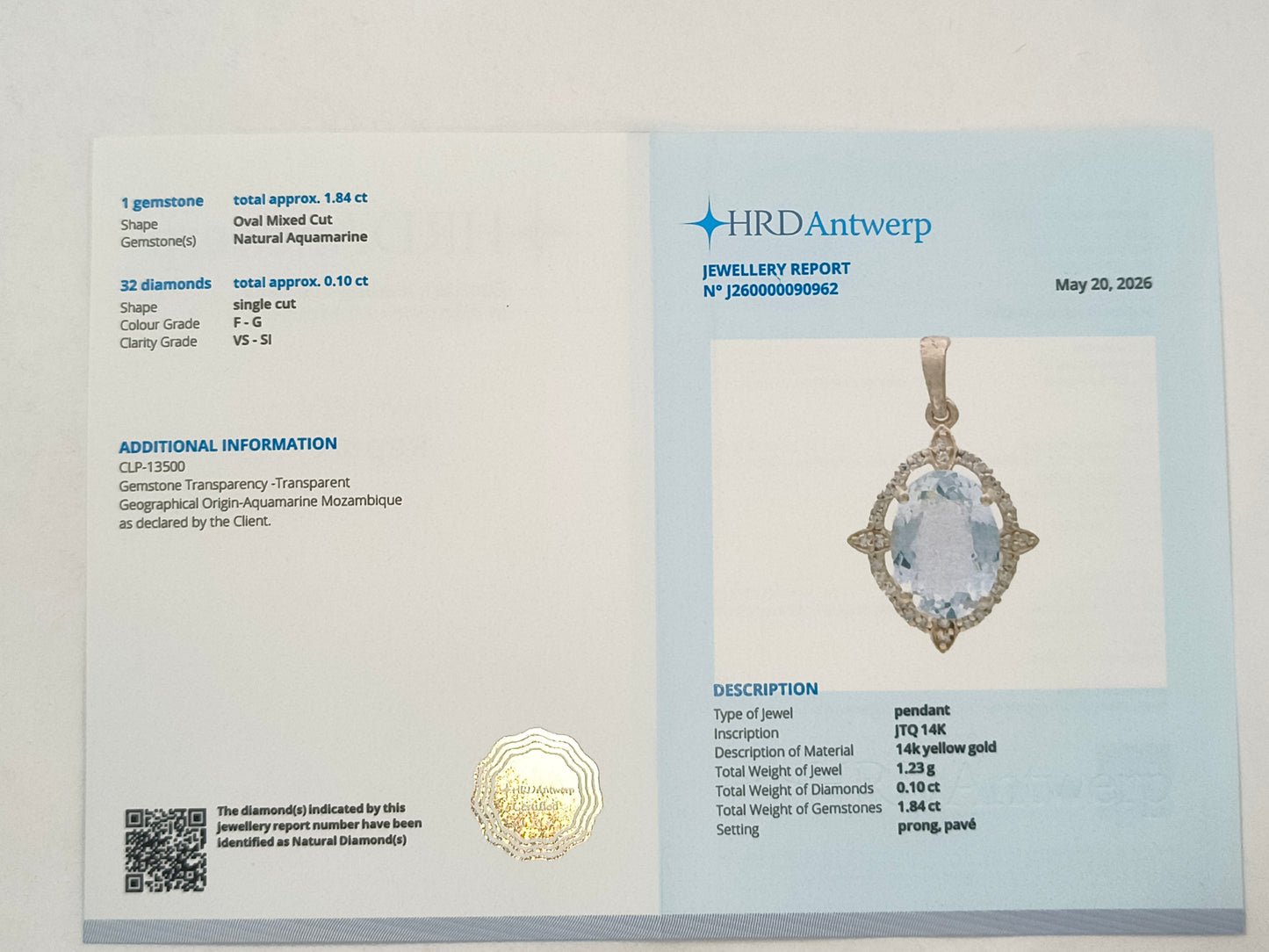 1.94 Ct Oval Aquamarine 14K Gold Pendant