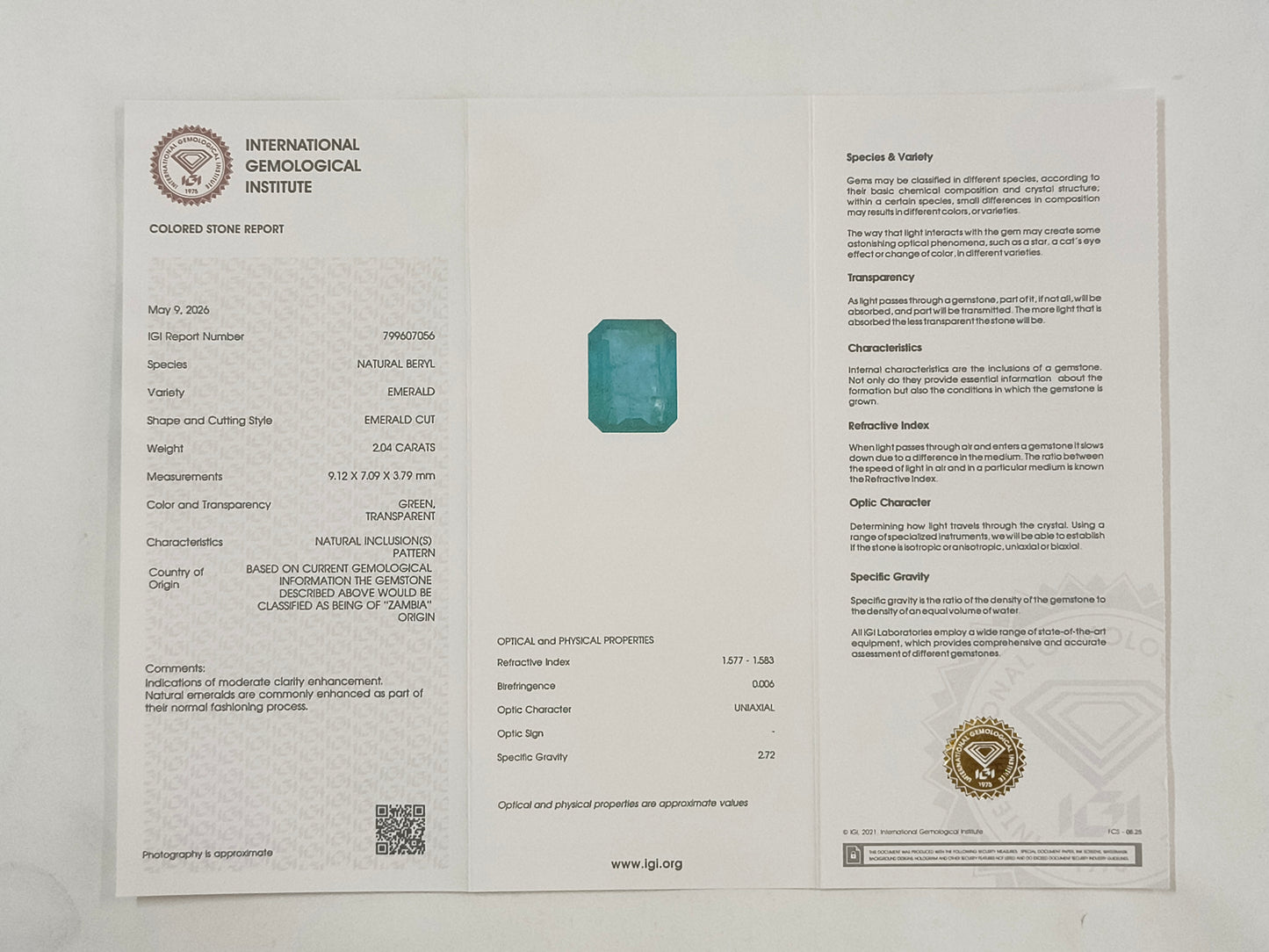 2.04 Natural Beryl Emerald Emerald Cut Gemstone