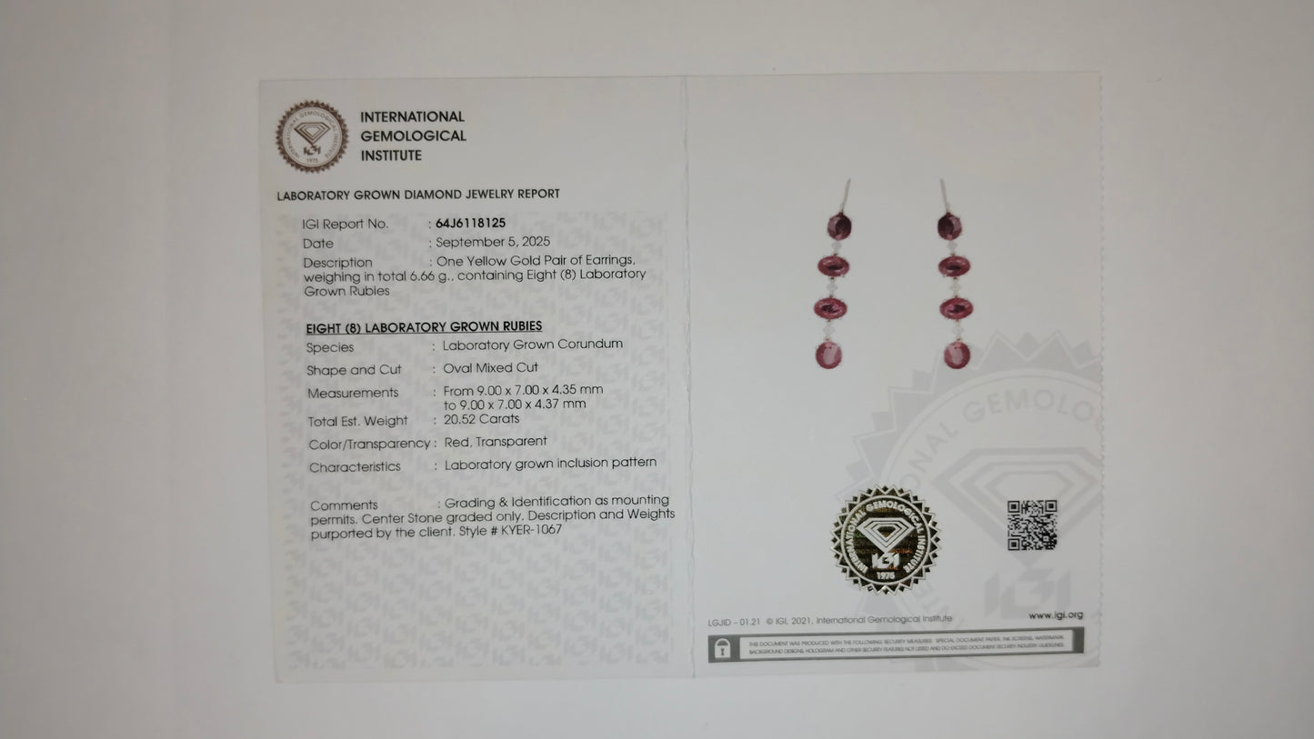 20.75 Ct Oval Mixed Cut Lab Grown Ruby 14K Gold Earrings