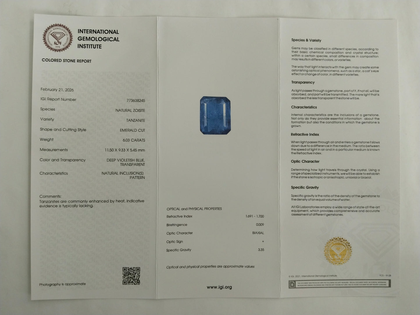 6.03 Natural Zoisite Tanzanite Emerald Cut Gemstone