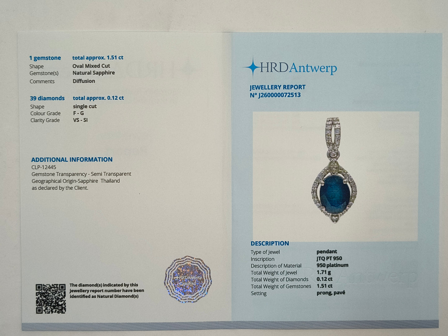 1.63 Ct Oval Mixed Cut Natural Sapphire 950 Platinum Pendant