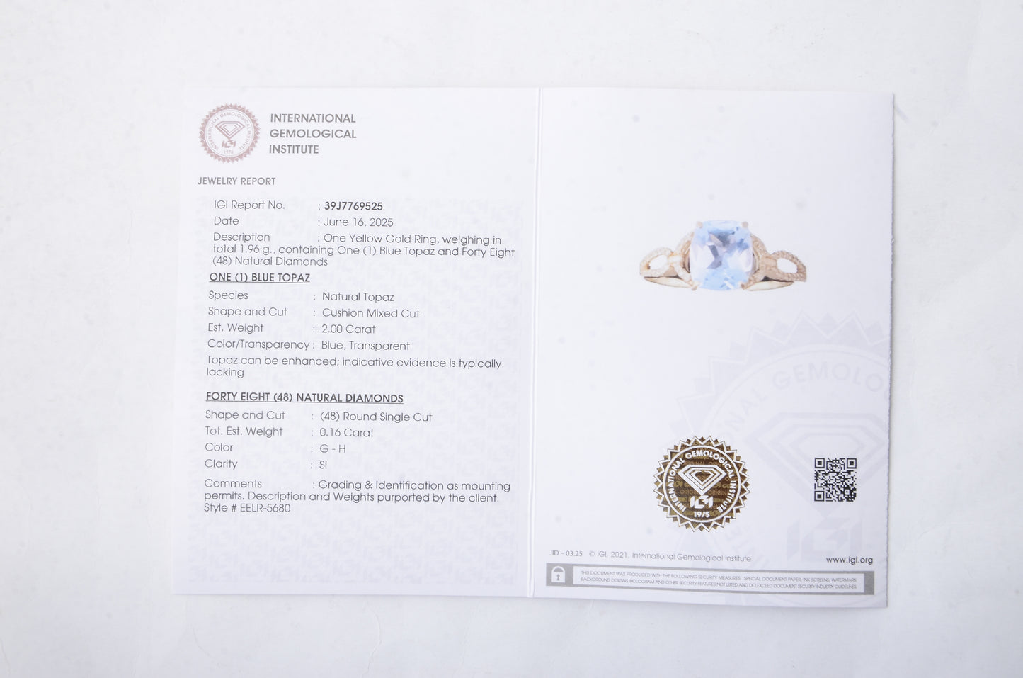 2.16 Ct Cushion Mixed Cut Natural Blue Topaz 14K Gold Ring