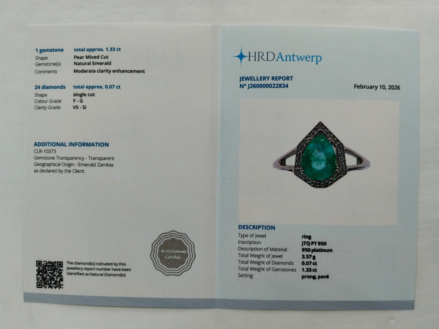 1.40 Ct Pear Mixed Cut Natural Emerald 950 Platinum Ring
