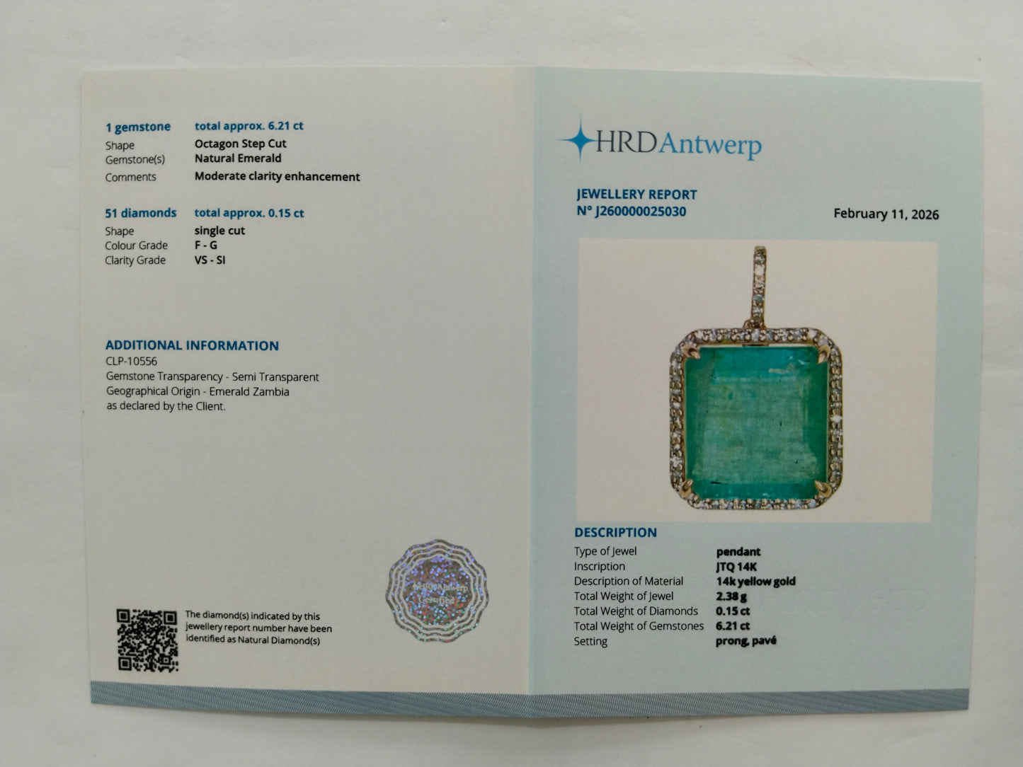 6.36 Ct Octagon Step Cut Natural Emerald 14K Gold Pendant