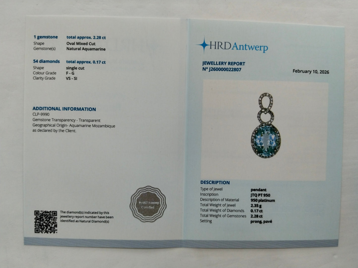 2.45 Ct Oval Mixed Cut Natural Aquamarine 950 Platinum Pendant