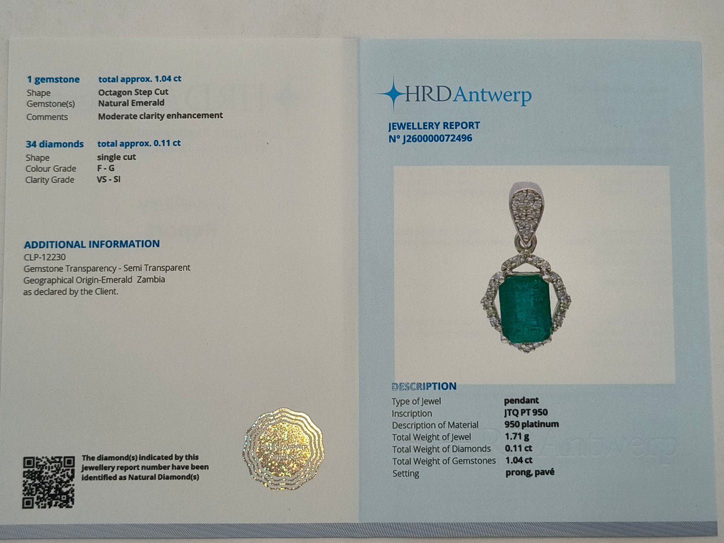 1.15 Ct Octagon Step Cut Natural Emerald 950 Platinum Pendant