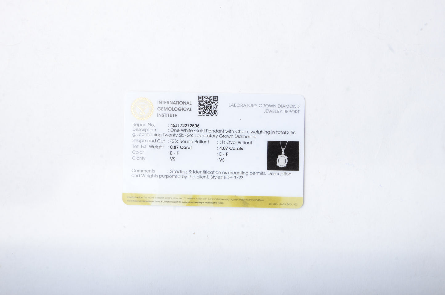 4.94 Carats Lab Grown Diamond 14K Gold Pendant