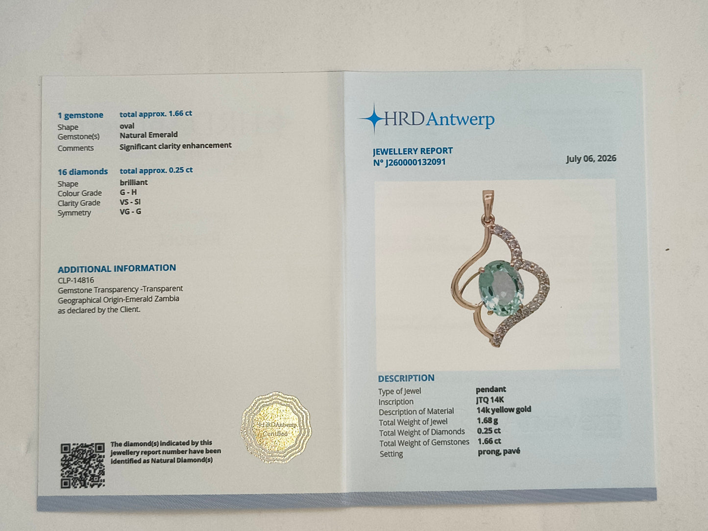1.91 Ct Oval Natural Emerald 14K Gold Pendant
