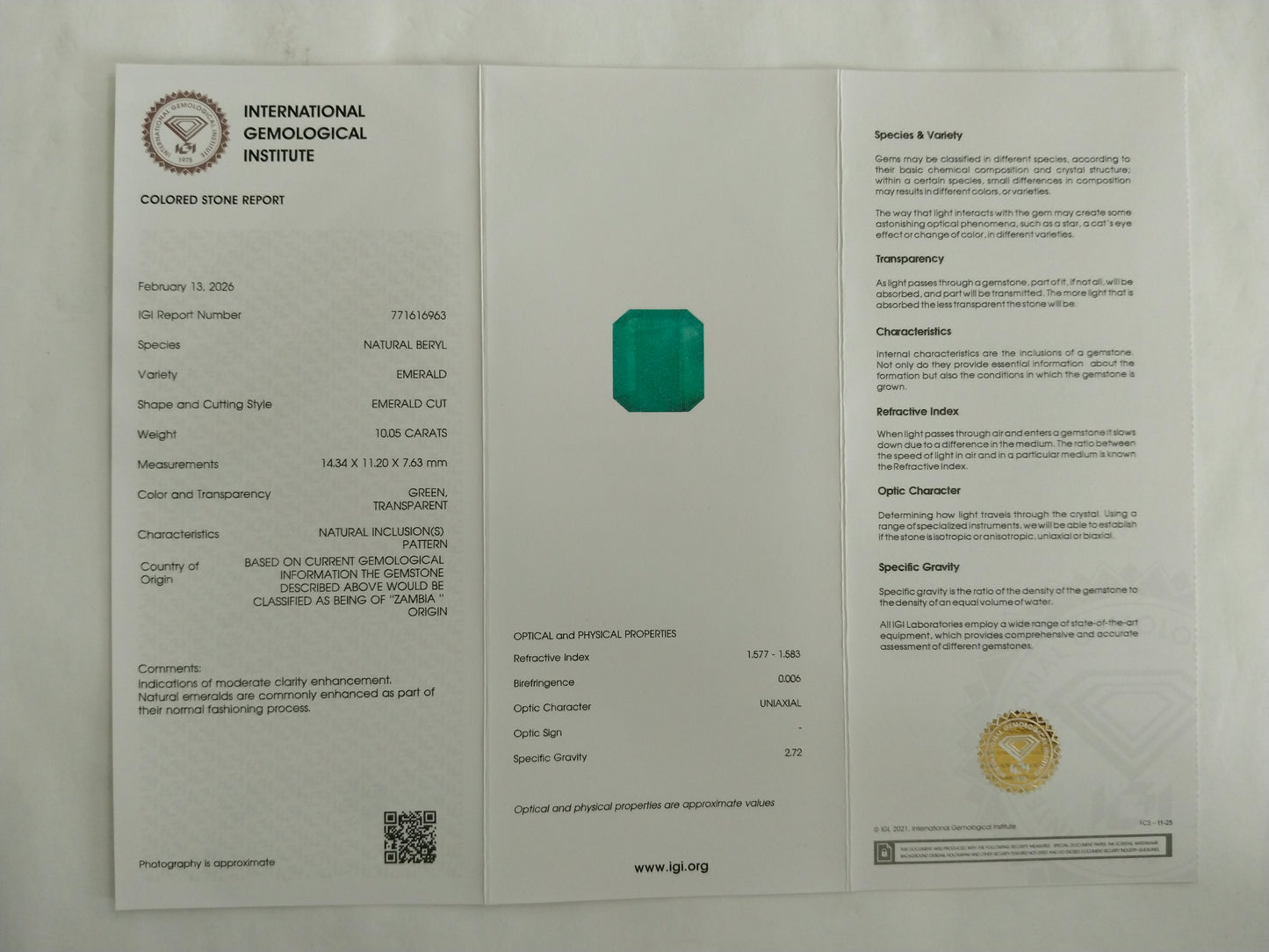 10.05 Natural Beryl Emerald Emerald Cut Gemstone