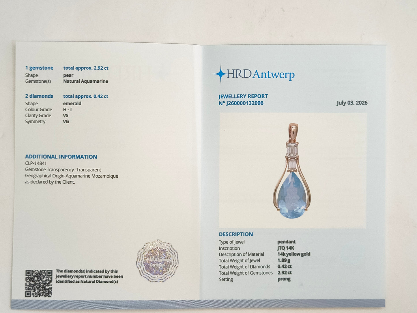 3.34 Ct Pear Natural Aquamarine 14K Gold Pendant
