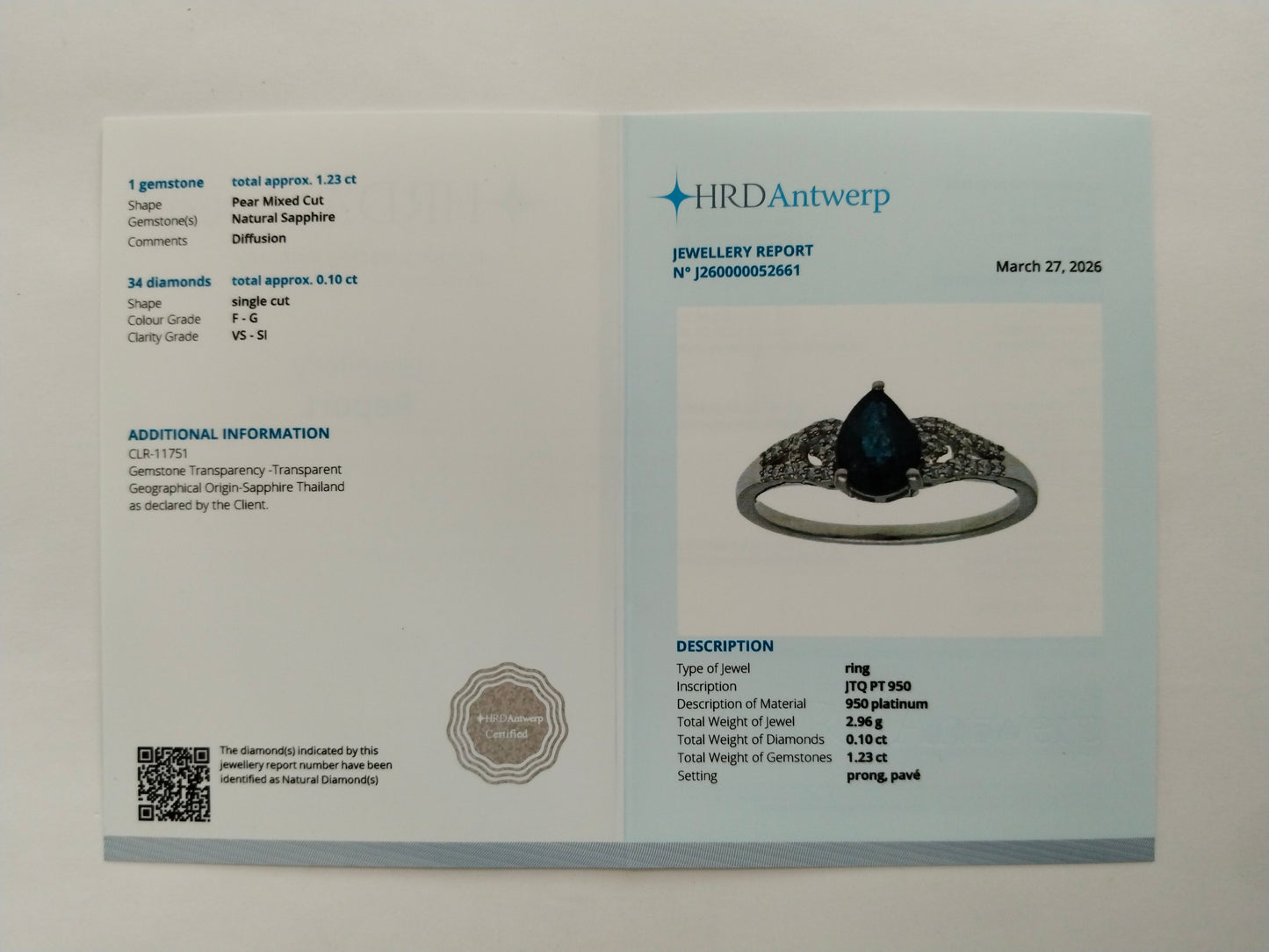 1.33 Ct Pear Mixed Cut Natural Sapphire 950 Platinum Ring