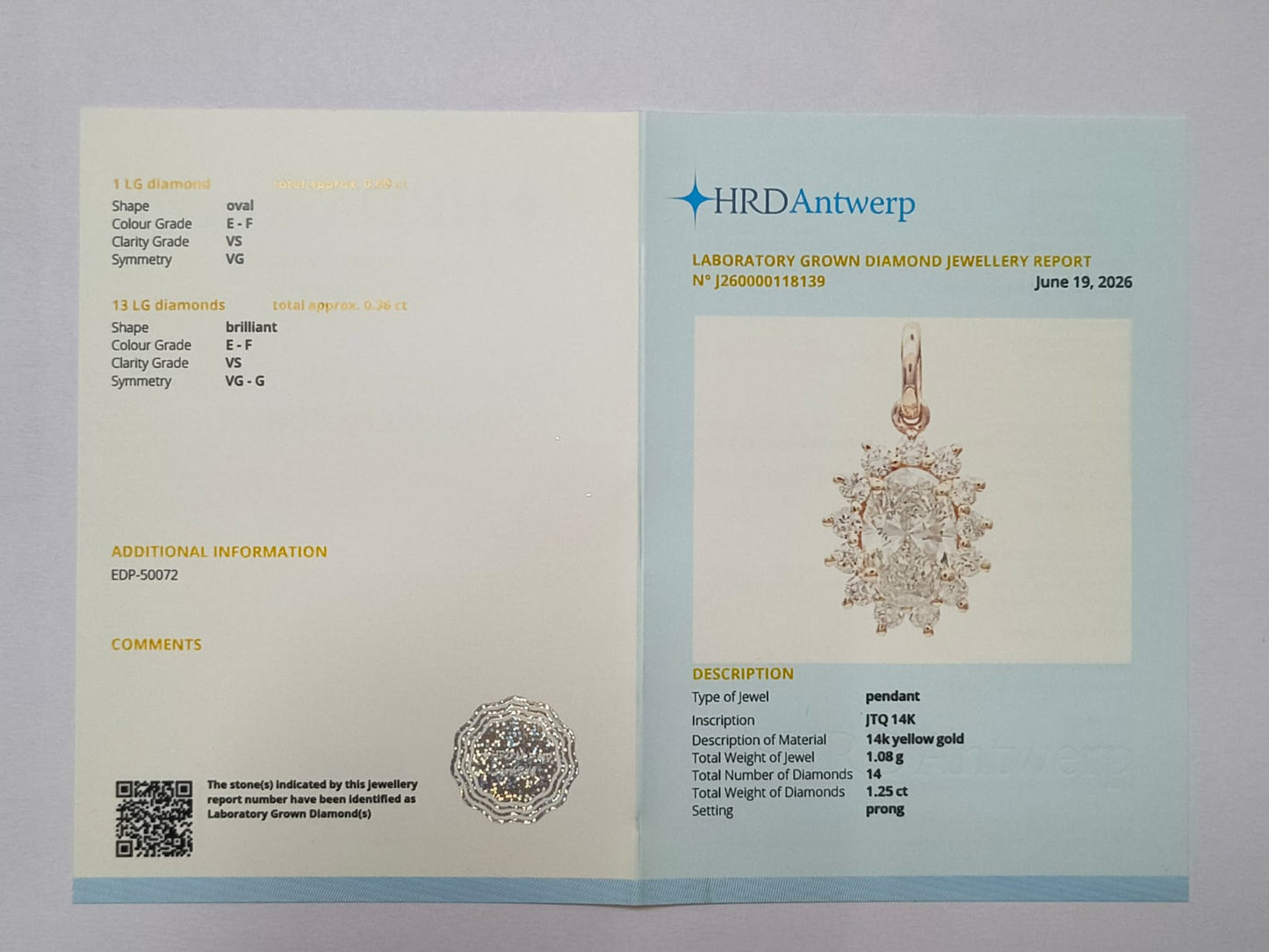 1.25 Ct Oval Lab Grown Diamond 14K Gold Pendant