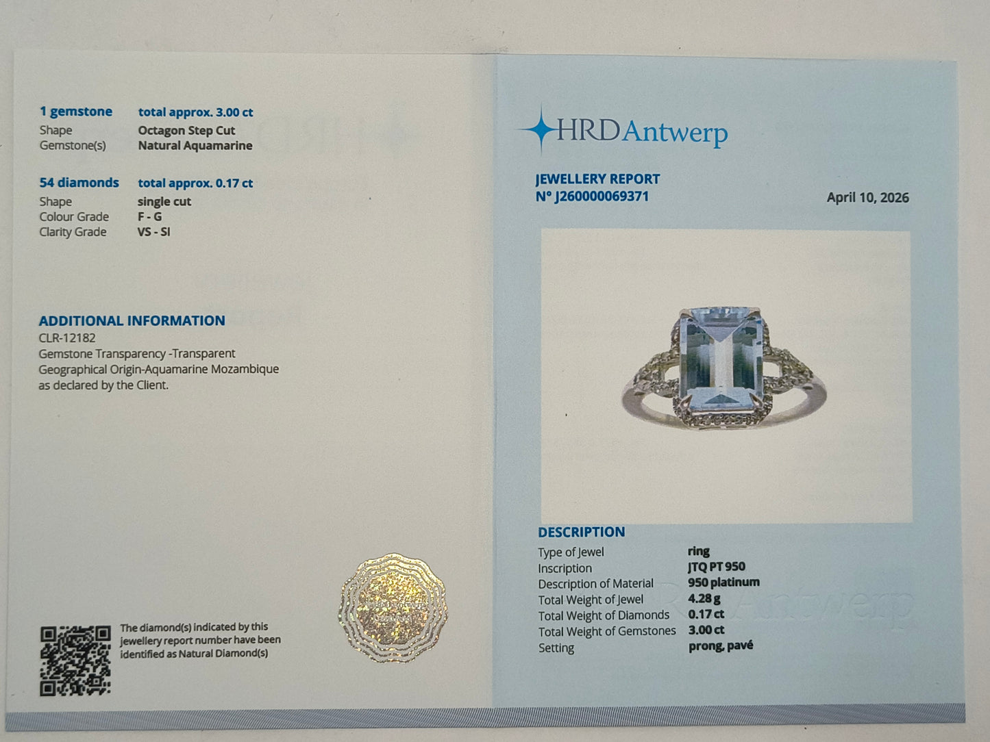 3.17 Ct Octagon Step Cut Natural Aquamarine 950 Platinum Ring