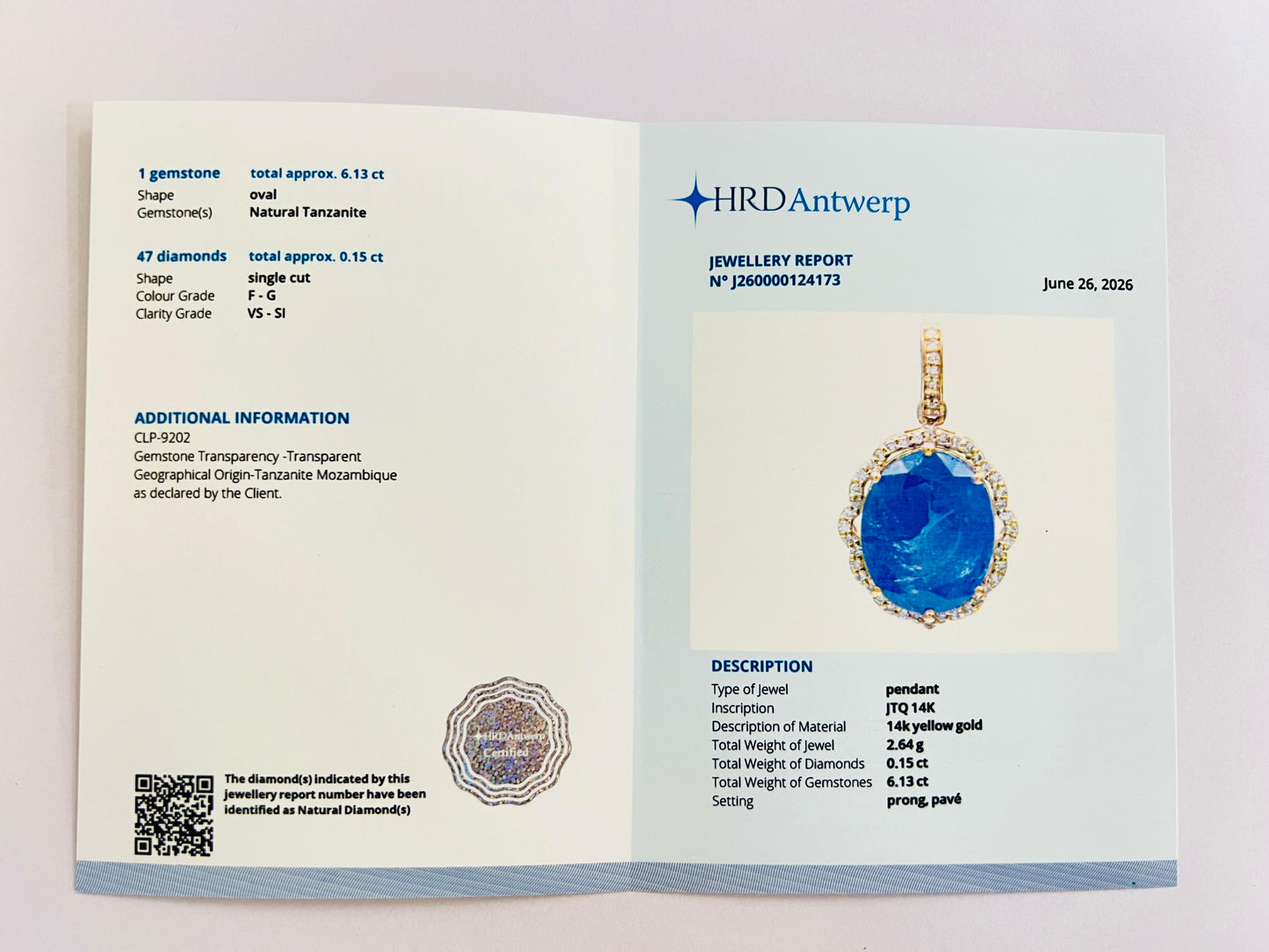 6.28 Ct Oval Natural Tanzanite 14K Gold Pendant