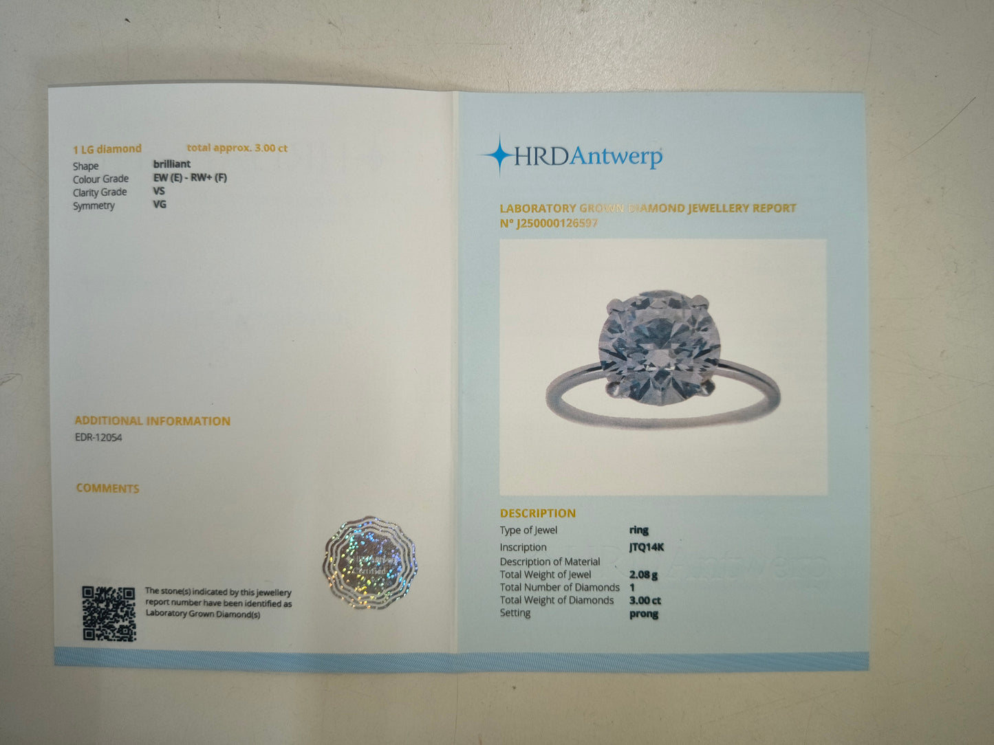 3.00 Carats Lab Grown Diamond 14K Gold Ring