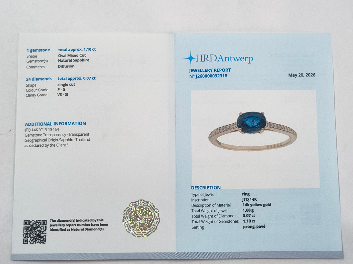 1.17 Ct Oval Sapphire 14K Gold Ring