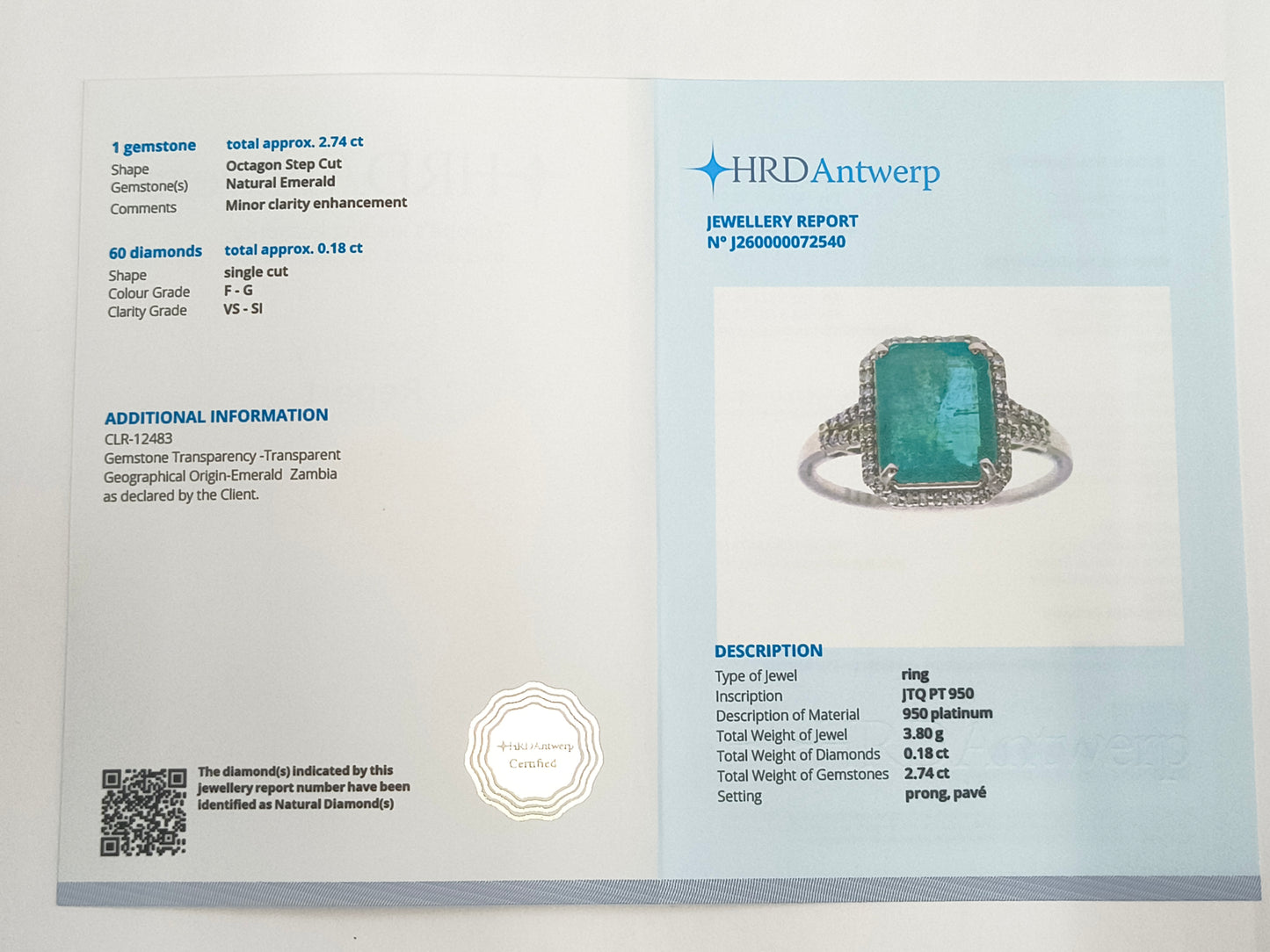 2.92 Ct Octagon Step Cut Natural Emerald 950 Platinum Ring