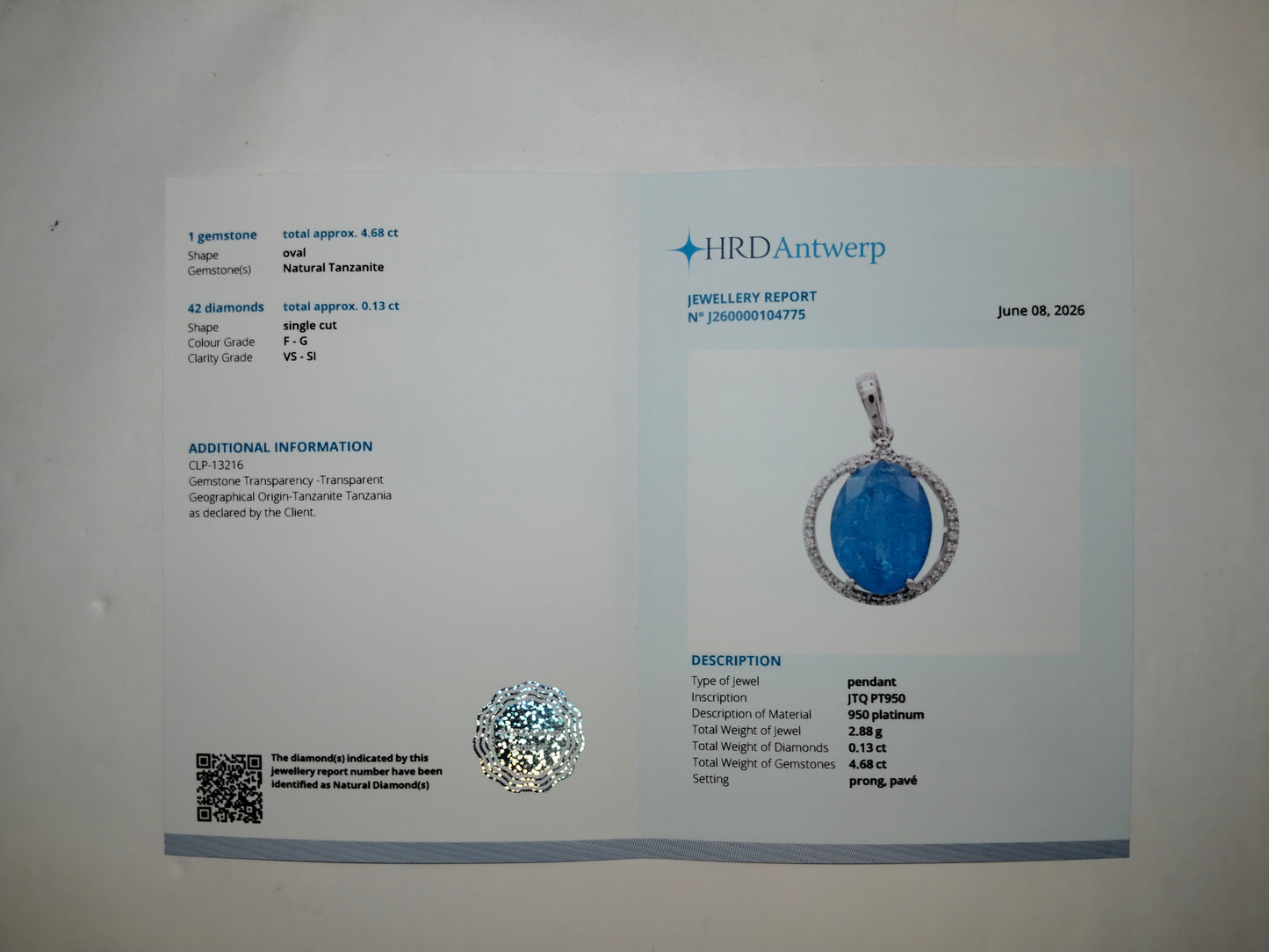 4.81 Ct Oval Mixed Cut Natural Tanzanite 950 Platinum Pendant