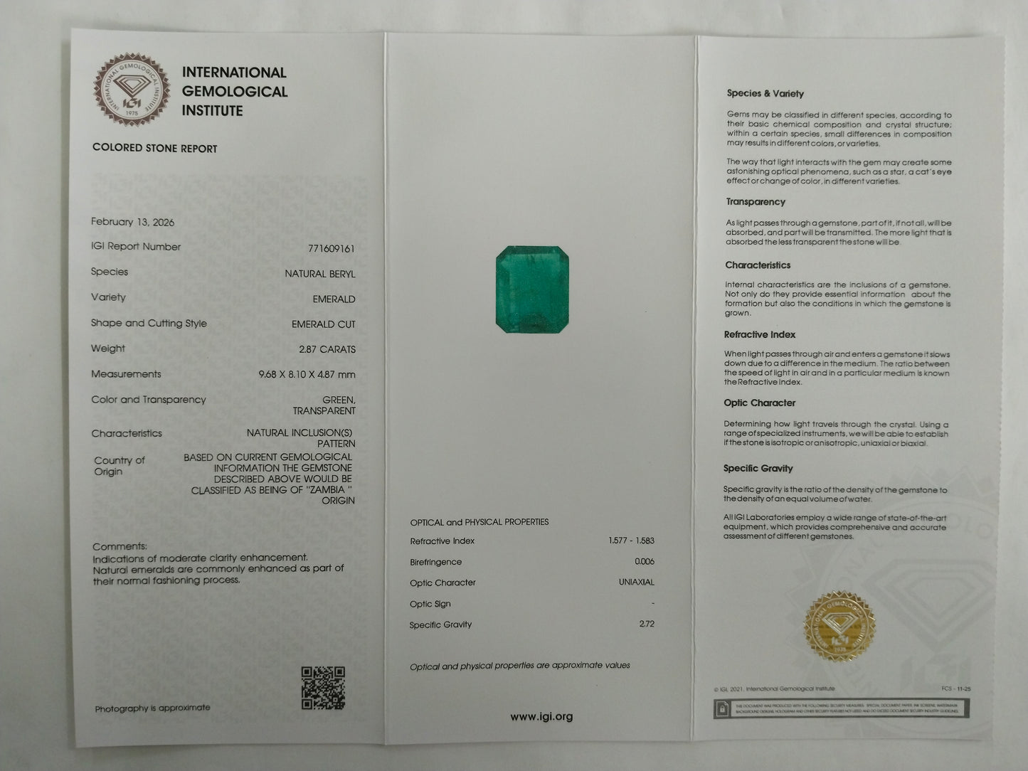 2.87 Natural Beryl Emerald Emerald Cut Gemstone