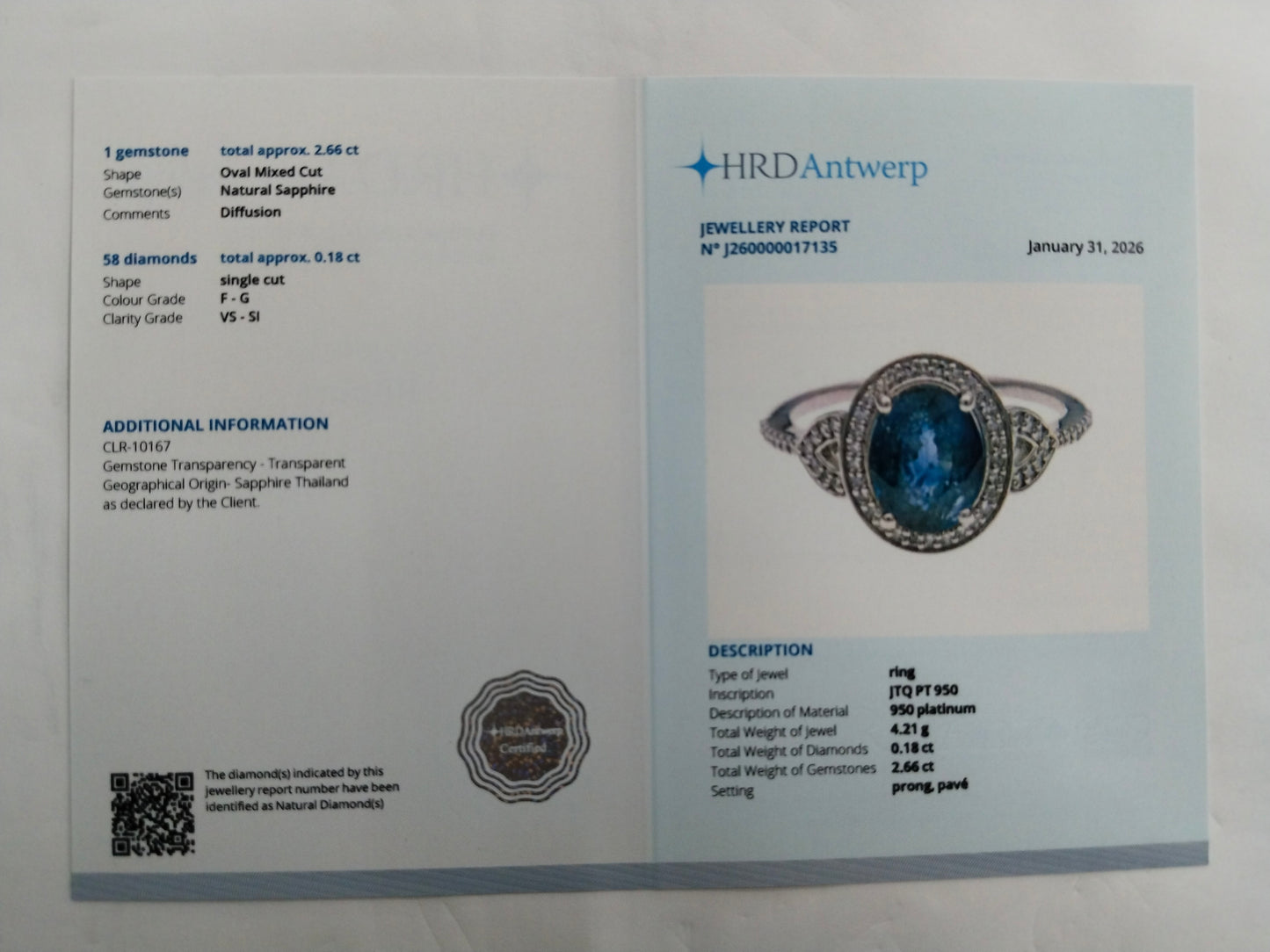 2.84 Ct Oval Mixed Cut Natural Sapphire 950 Platinum Ring