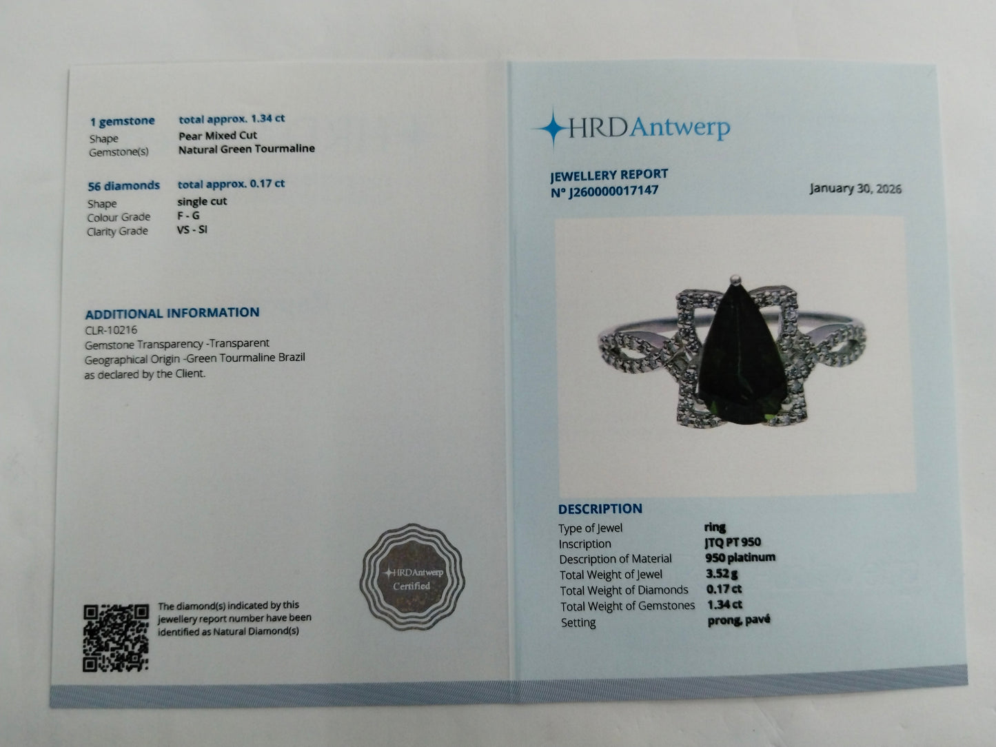 1.51 Ct Pear Mixed Cut Natural Green Tourmaline 950 Platinum Ring