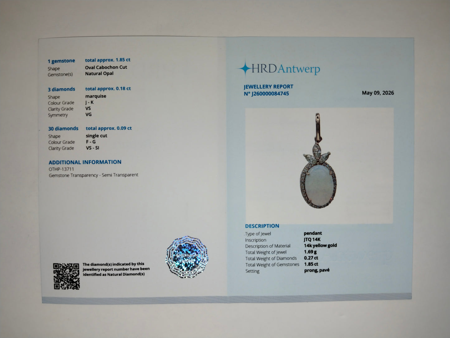 1.26 Ct Oval Cabochon Cut Natural Opal 14K Gold Pendant