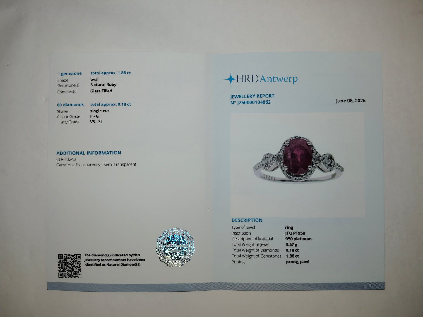 2.06 Ct Oval Mixed Cut Natural Ruby 950 Platinum Ring