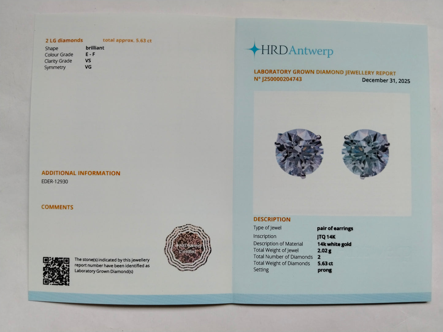 5.63 Carats Lab Grown Diamond 14K Gold Earrings
