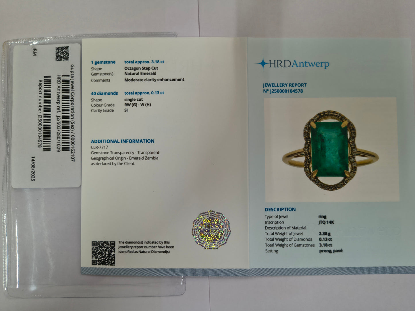 3.31 Ct Octagon Step Cut Natural Emerald 14K Gold Ring