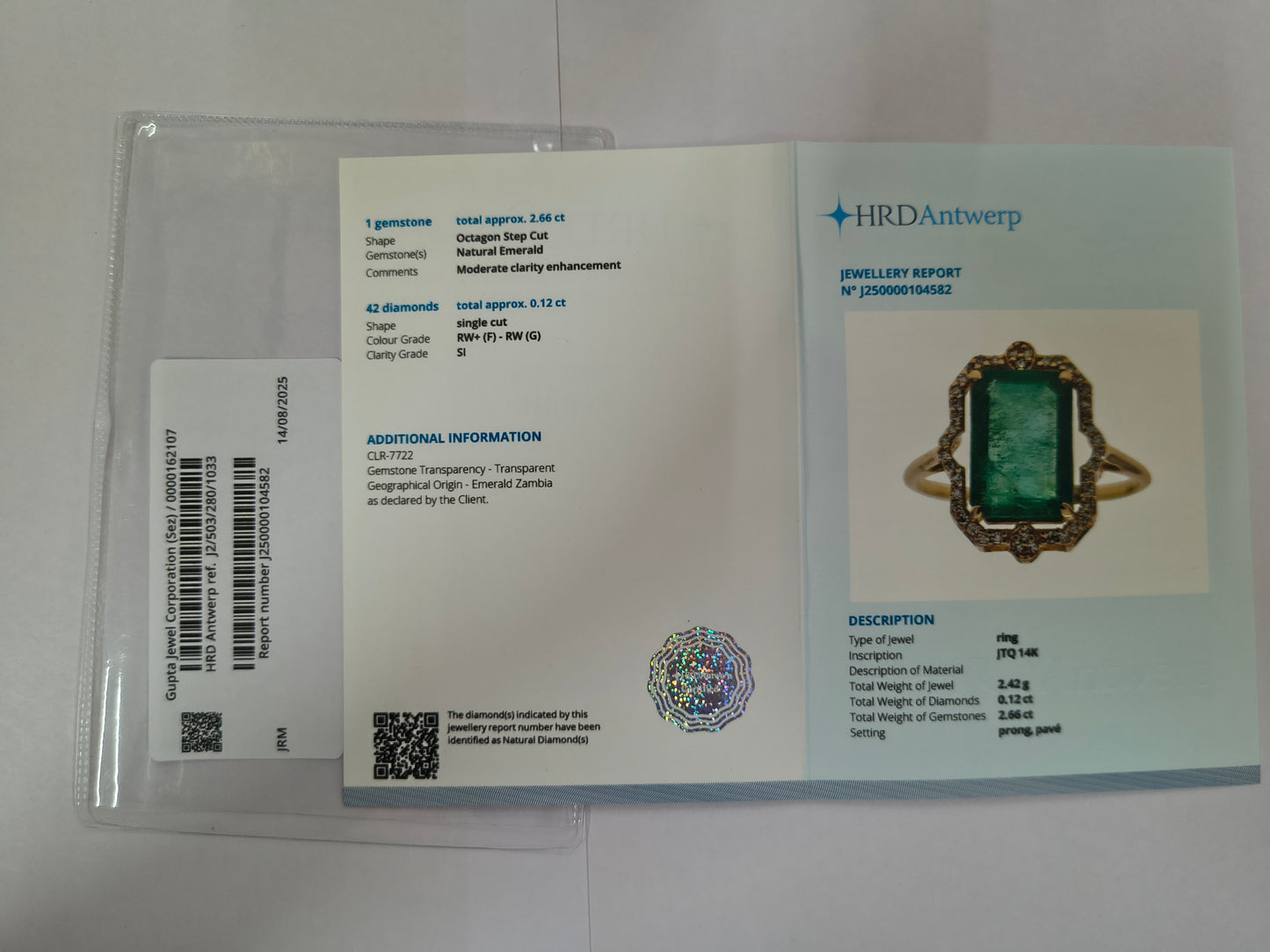 3.14 Ct Octagon Step Cut Natural Emerald 14K Gold Ring
