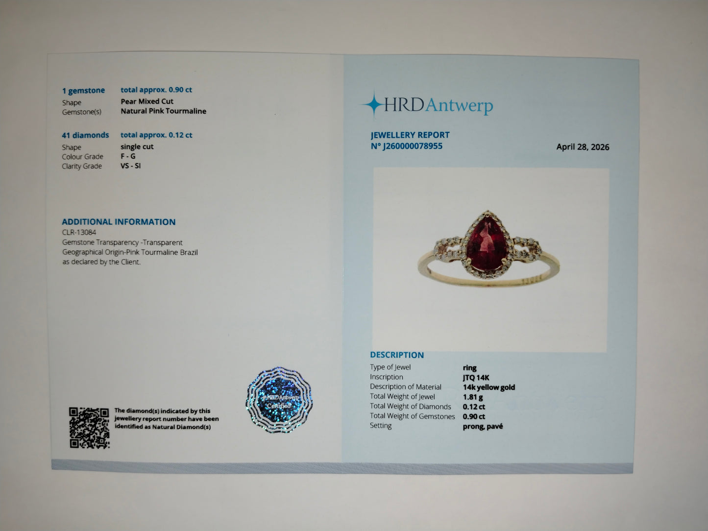 1.02 Ct Pear Mixed Cut Natural Pink Tourmaline 14K Gold Ring