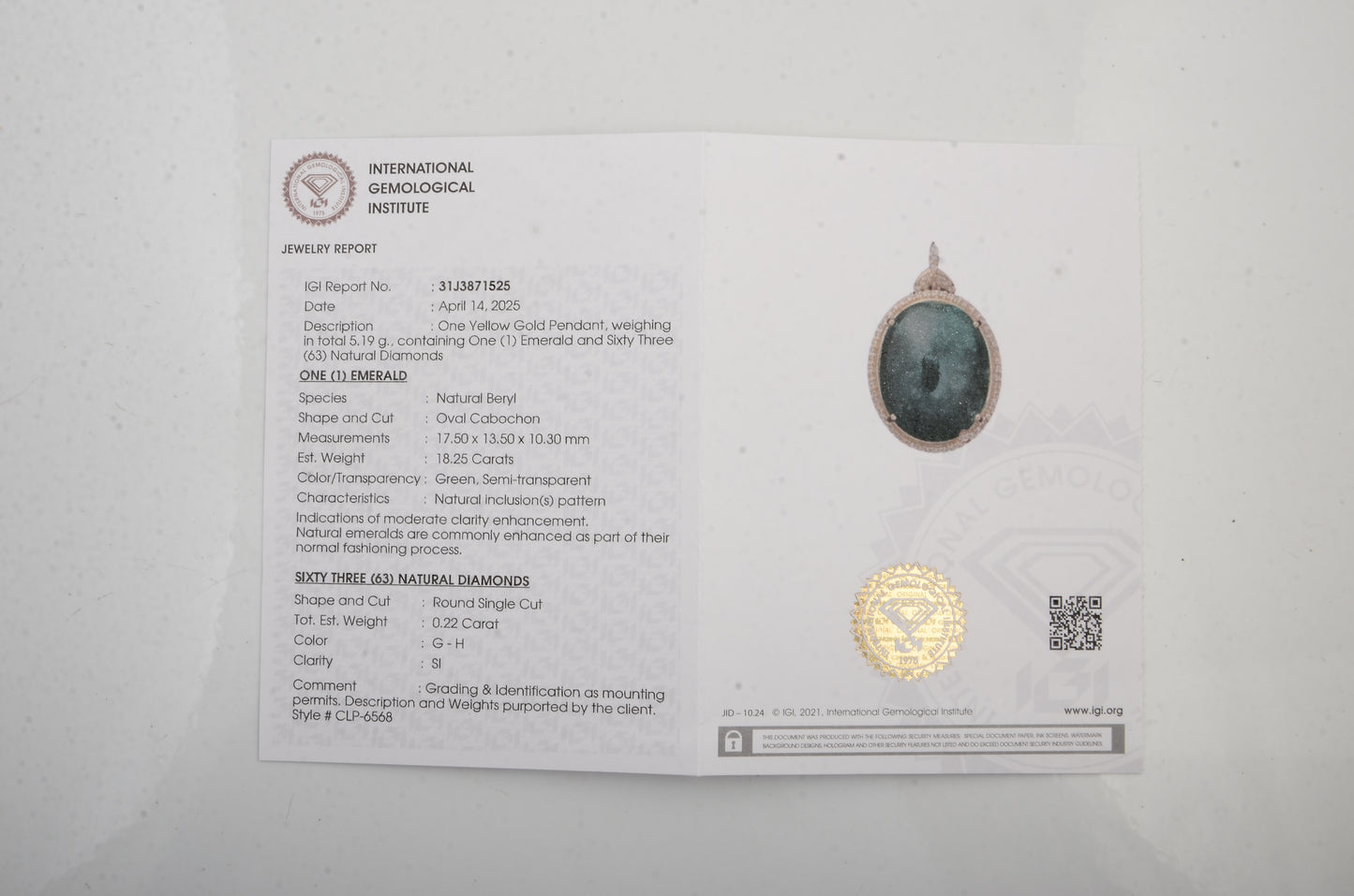 18.47 Ct Oval Cabochon Emerald 14K Gold Pendant