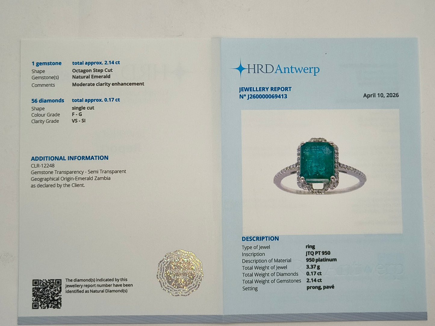 2.31 Ct Octagon Step Cut Natural Emerald 950 Platinum Ring
