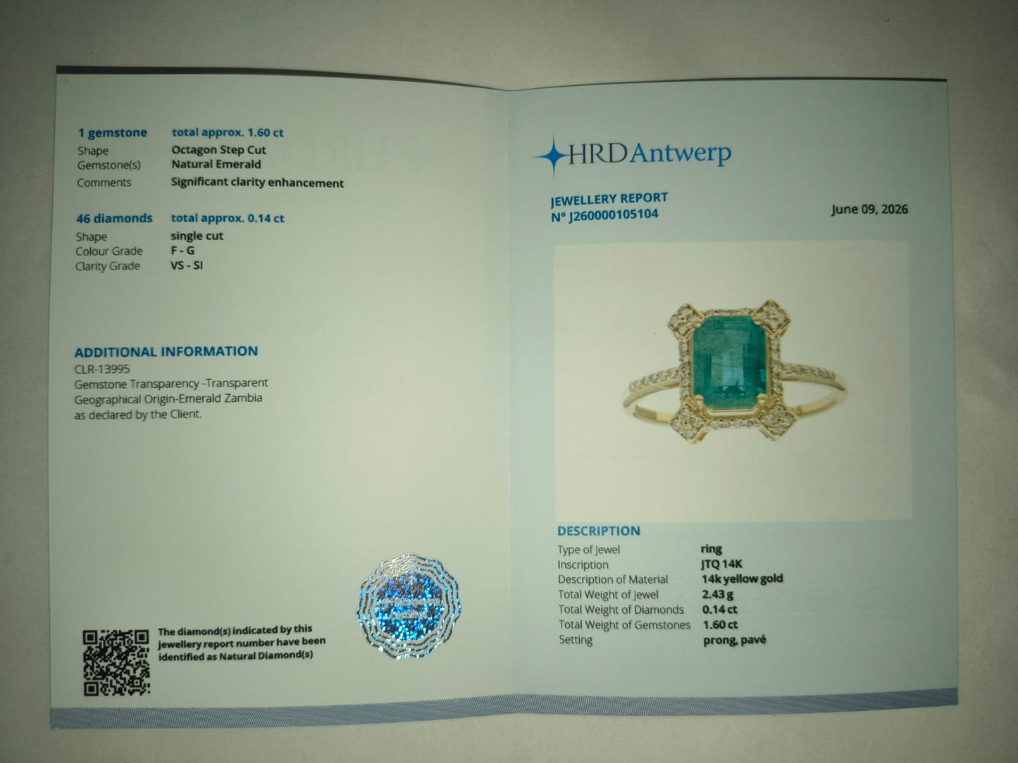 1.74 Ct Octagon Step Cut Natural Emerald 14K Gold Ring