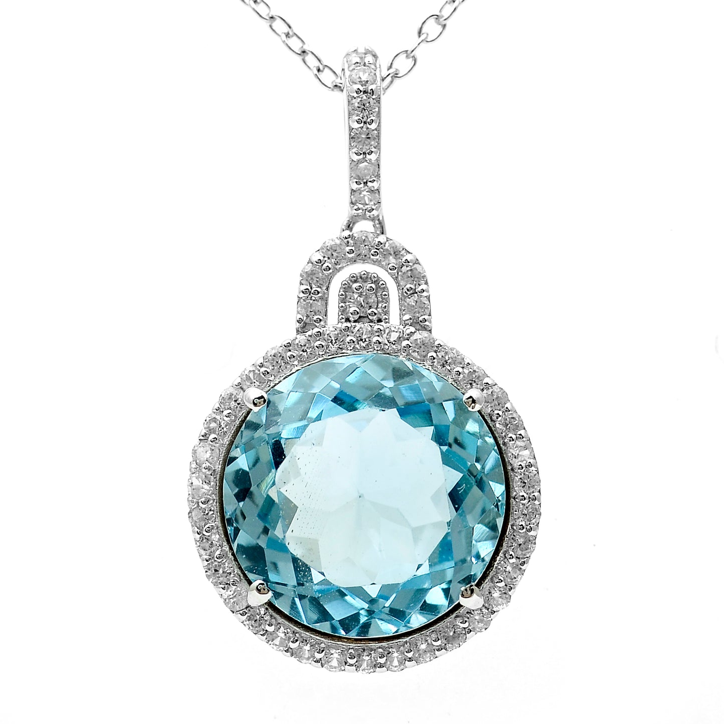 7.98 Ct Round Blue Topaz, White Zircon 925 Sterling Silver Pendant