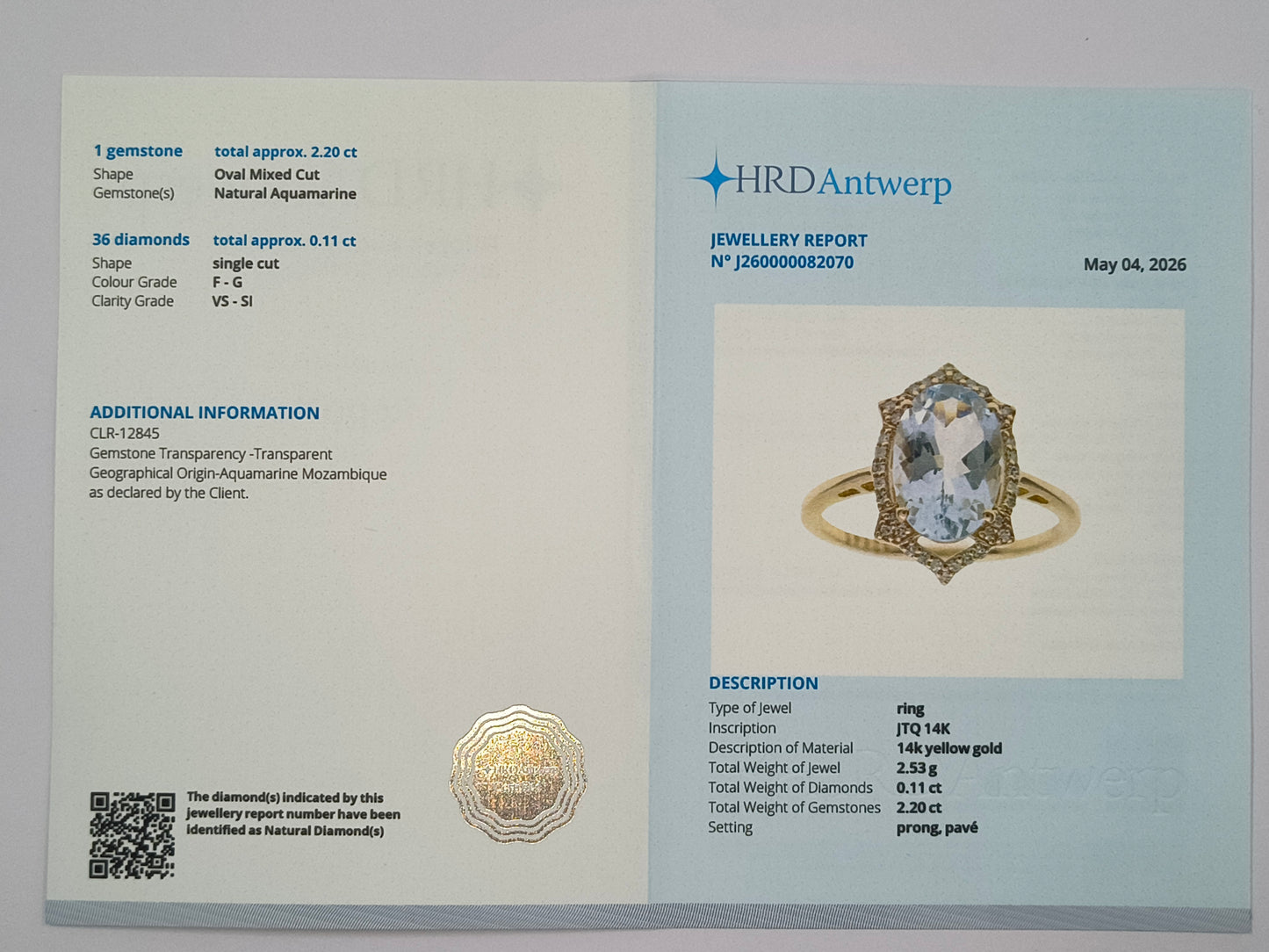 2.31 Ct Oval Mixed Cut Natural Aquamarine 14K Gold Ring