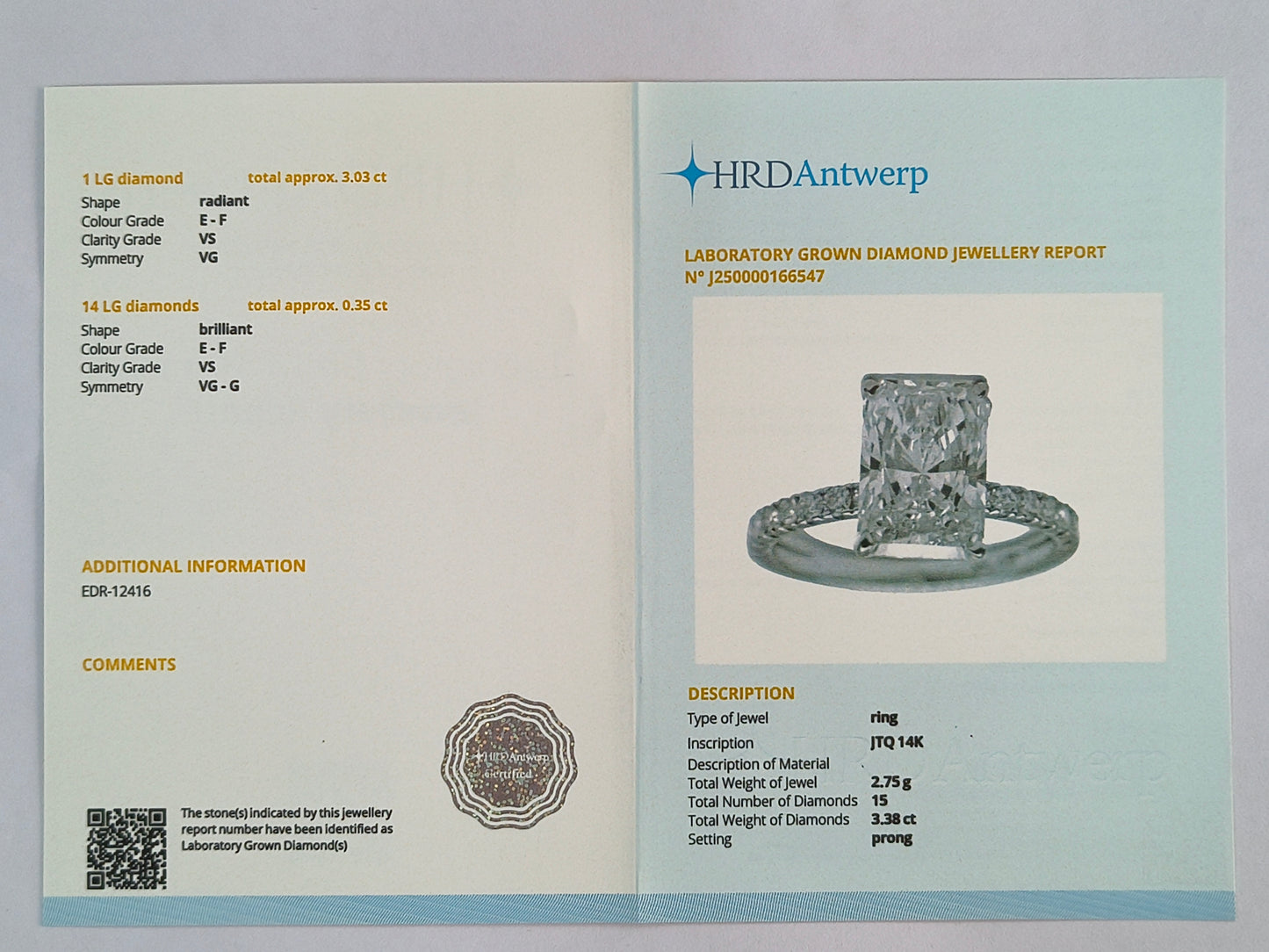 3.38 Carats Lab Grown Diamond 14K Gold Ring