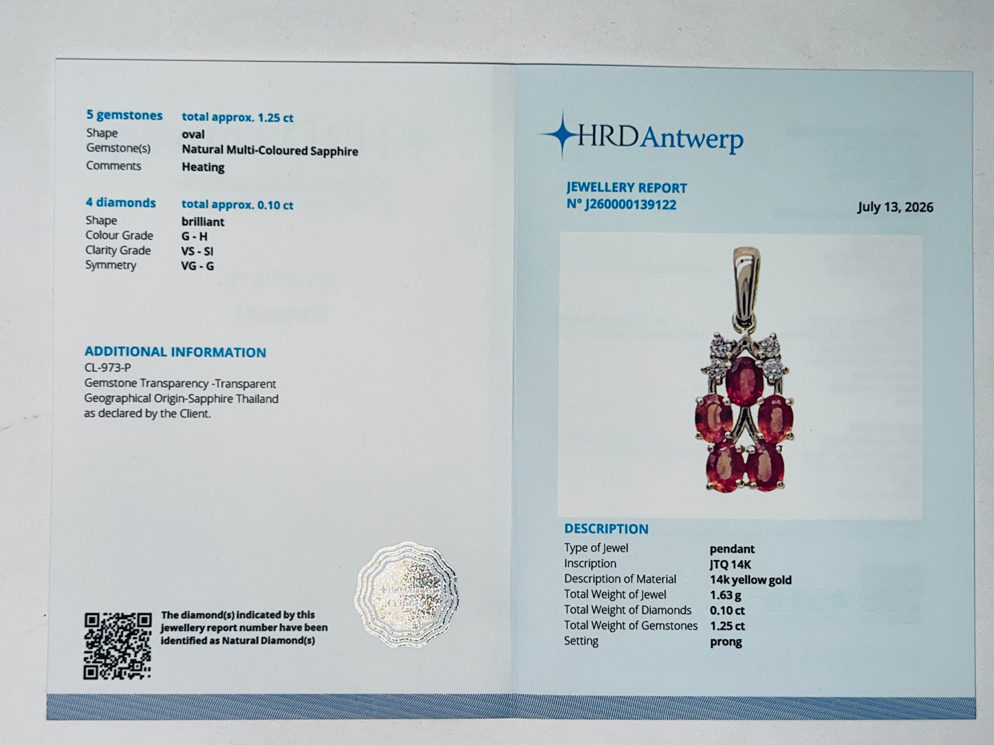 1.35 Ct Oval Natural Multi Coloured Sapphire 14K Gold Pendant