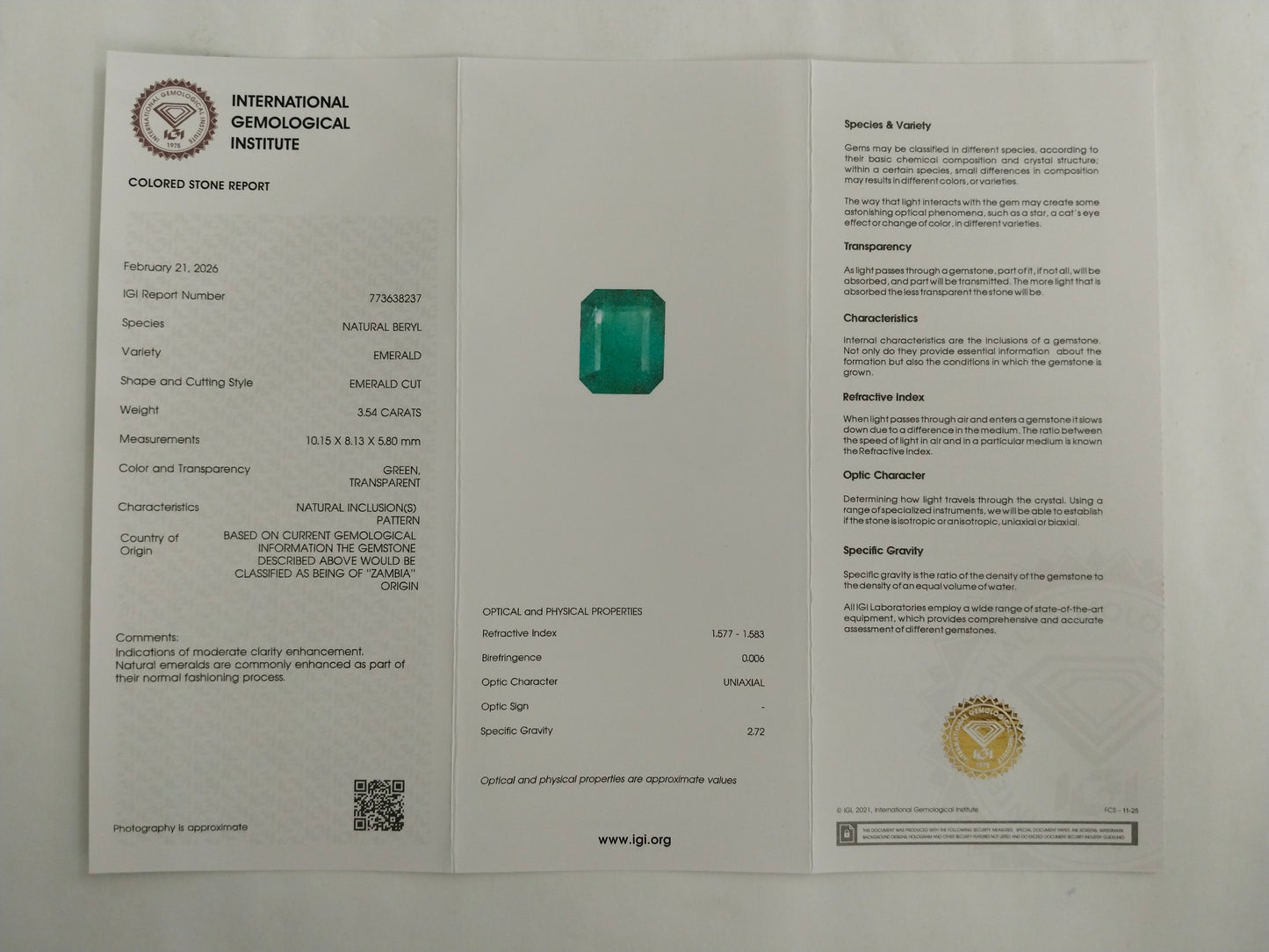 3.54 Natural Beryl Emerald Emerald Cut Gemstone