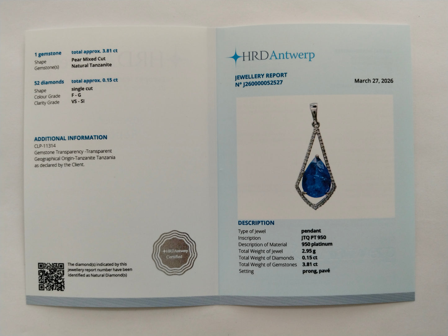 3.96 Ct Pear Mixed Cut Natural Tanzanite 950 Platinum Pendant