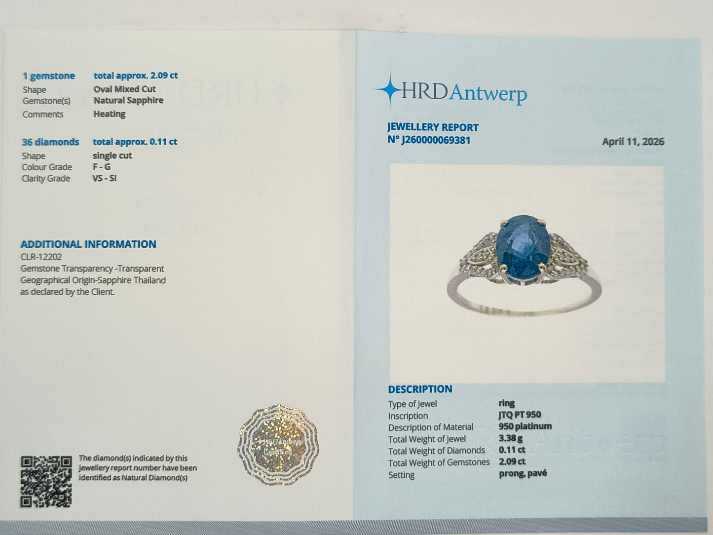 2.20 Ct Oval Mixed Cut Natural Sapphire 950 Platinum Ring