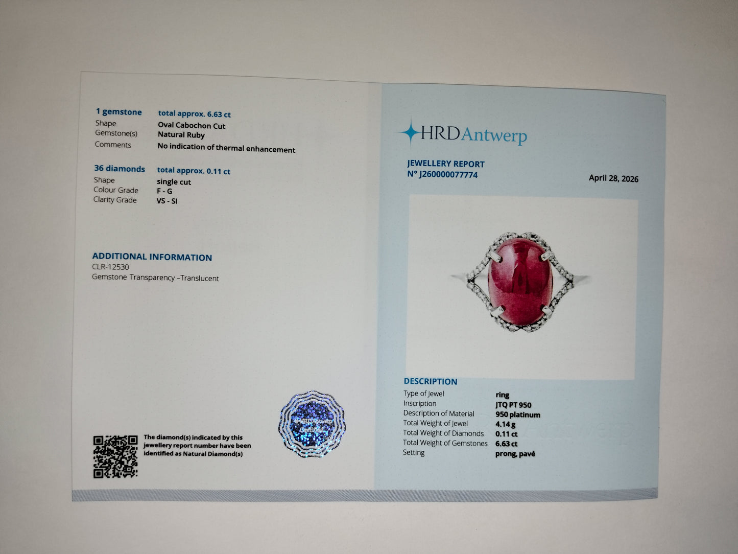 6.74 Ct Oval Cabochon Cut Natural Ruby 950 Platinum Ring