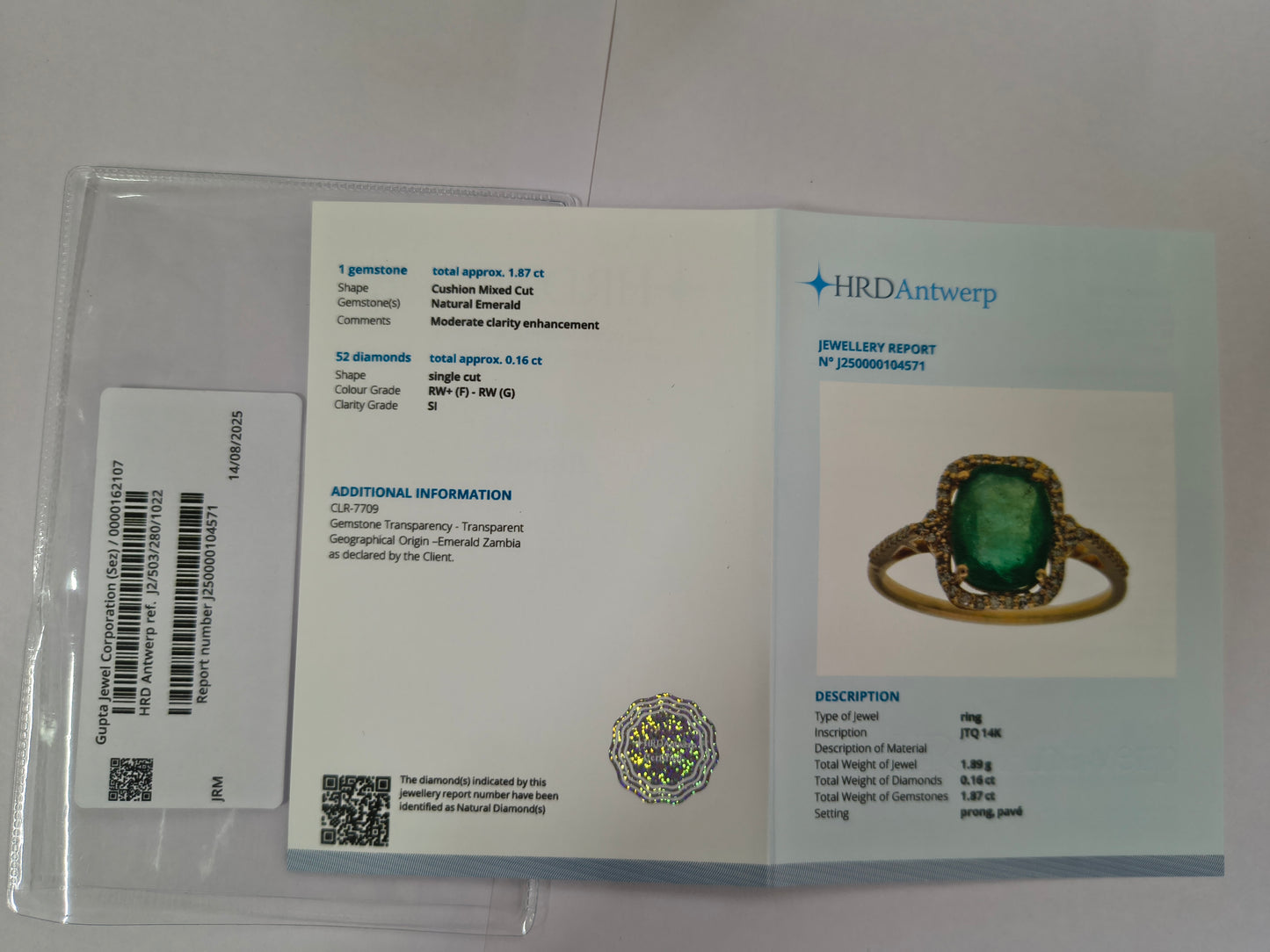 2.03 Ct Cushion Mixed Cut Natural Emerald 14K Gold Ring
