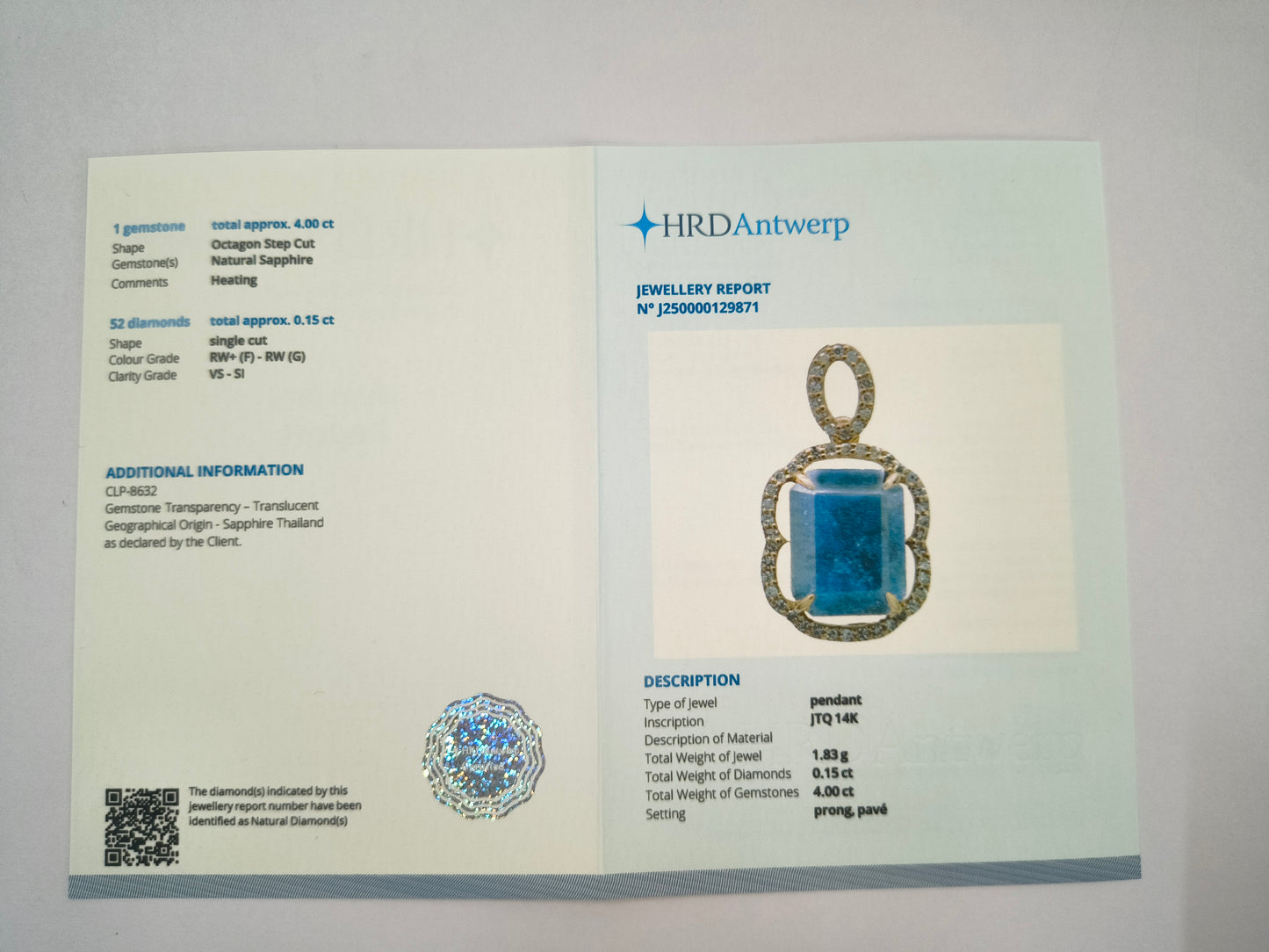 4.15 Ct Octagon Natural Sapphire 14K Gold Pendant