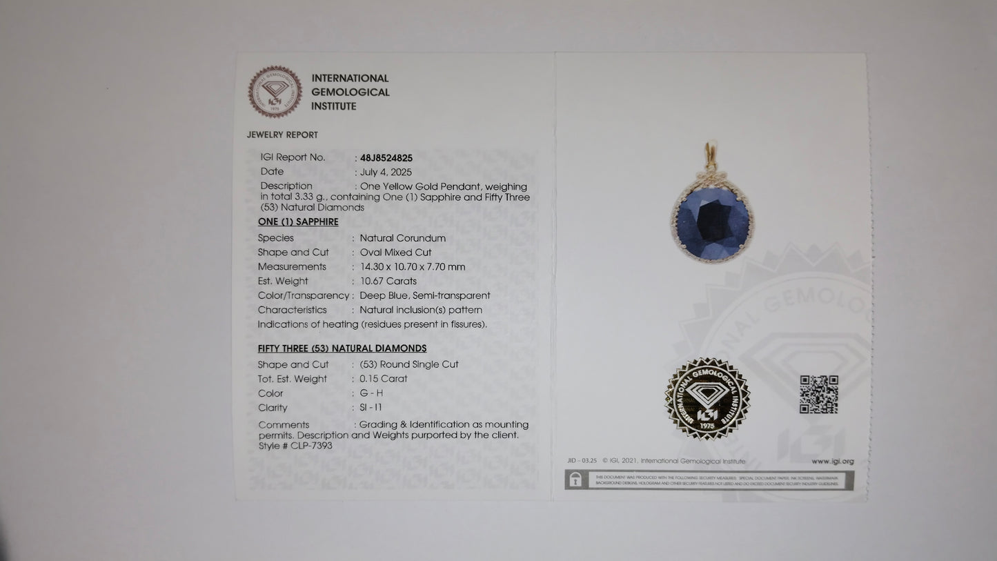 10.82 Ct Oval Mixed Cut Natural Corundum Sapphire 14K Gold Pendant