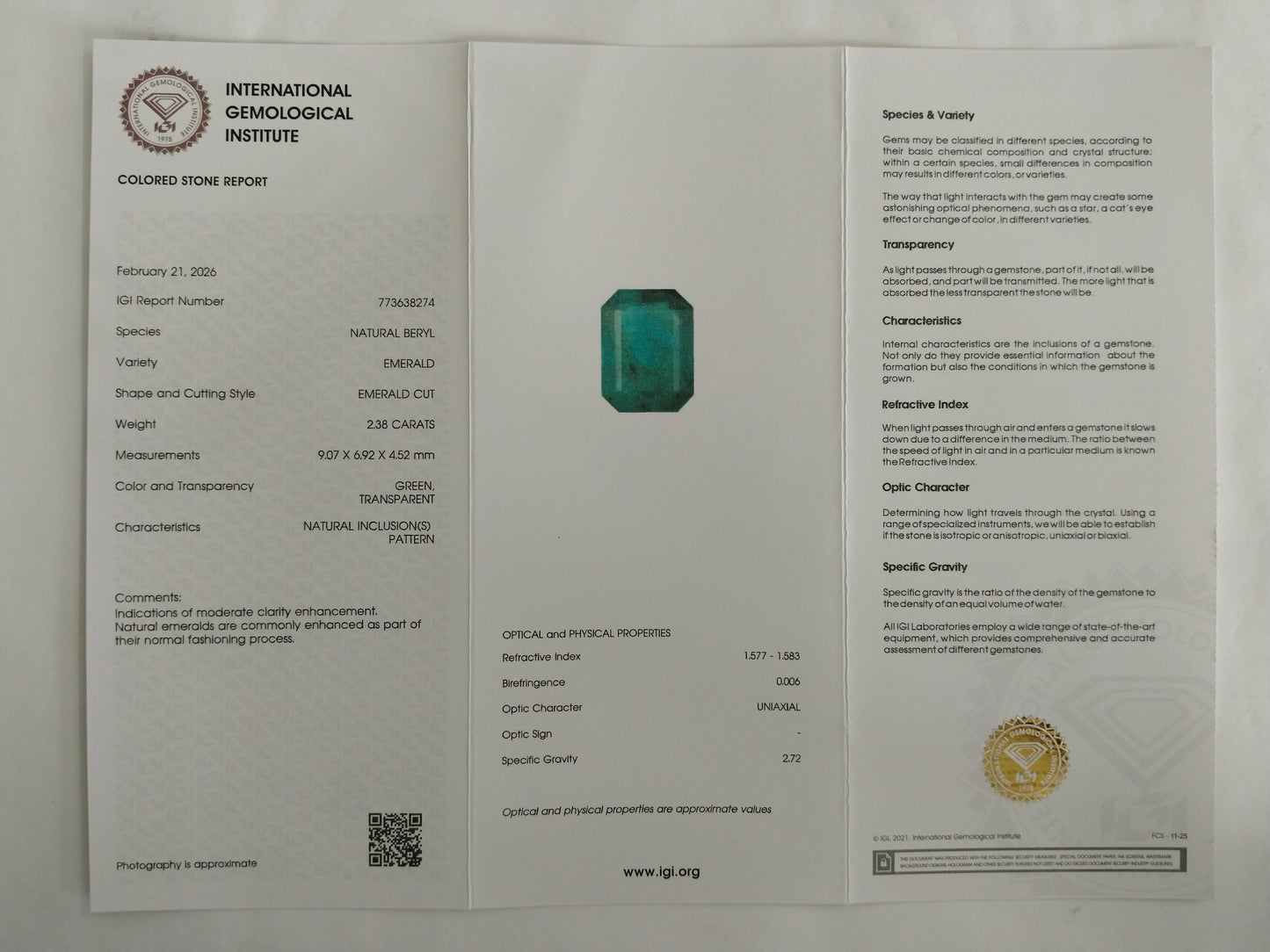 2.38 Natural Beryl Emerald Emerald Cut Gemstone