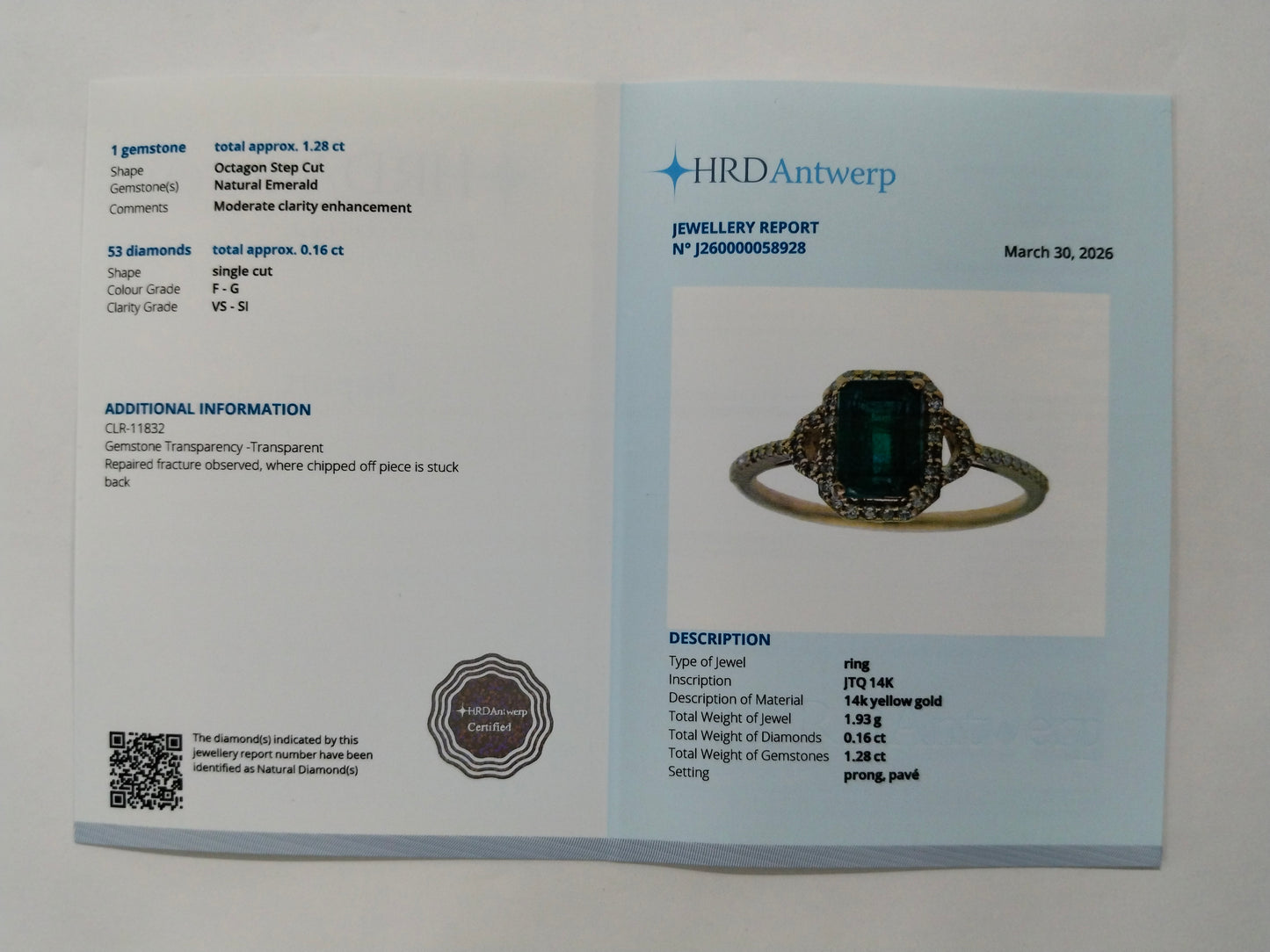 1.44 Ct Octagon Step Cut Natural Emerald 14K Gold Ring