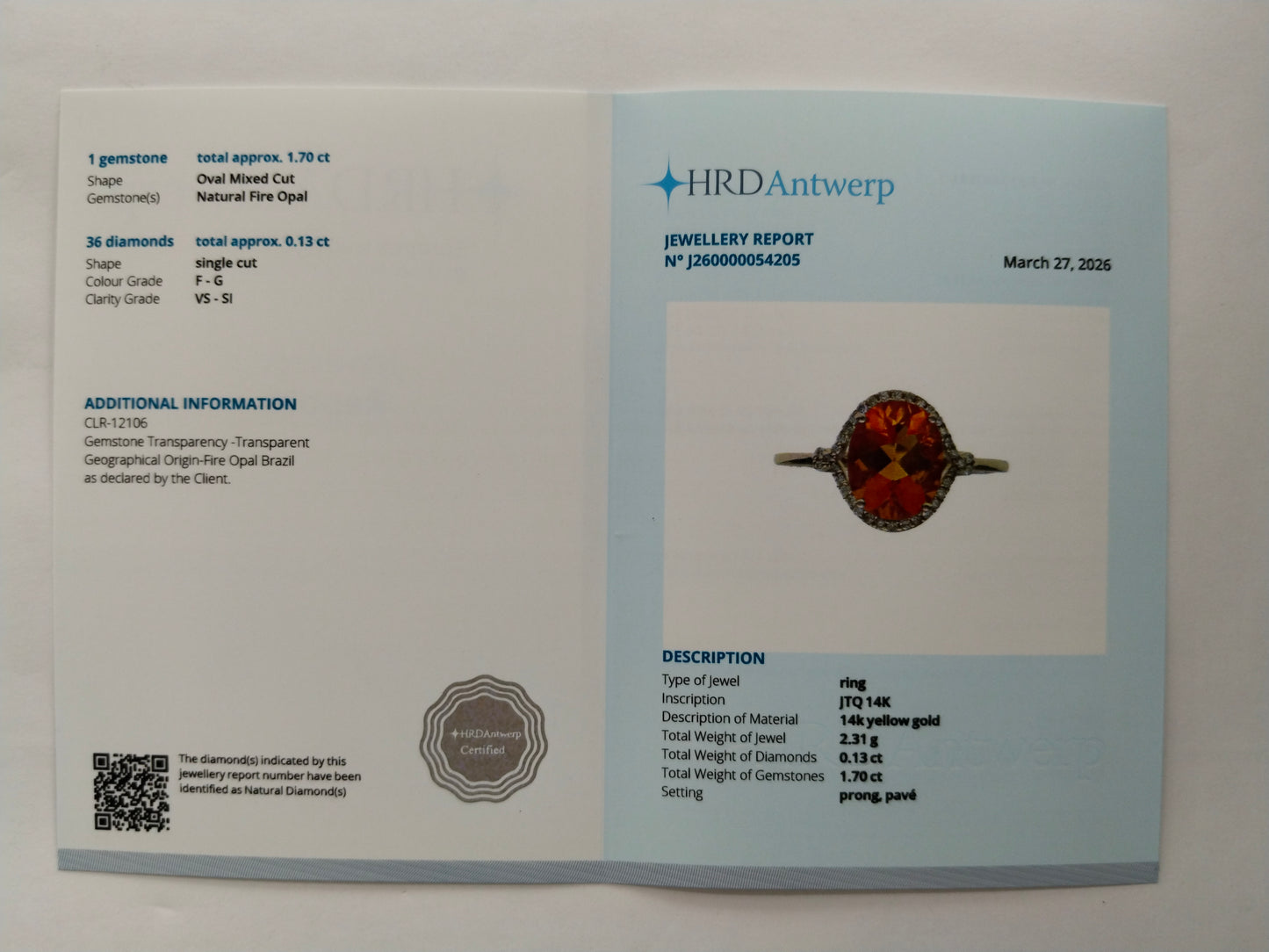 1.83 Ct Oval Mixed Cut Natural Fire Opal 14K Gold Ring