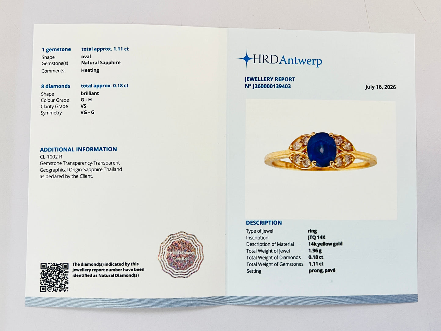 1.29 Ct Oval Natural Sapphire 14K Gold Ring