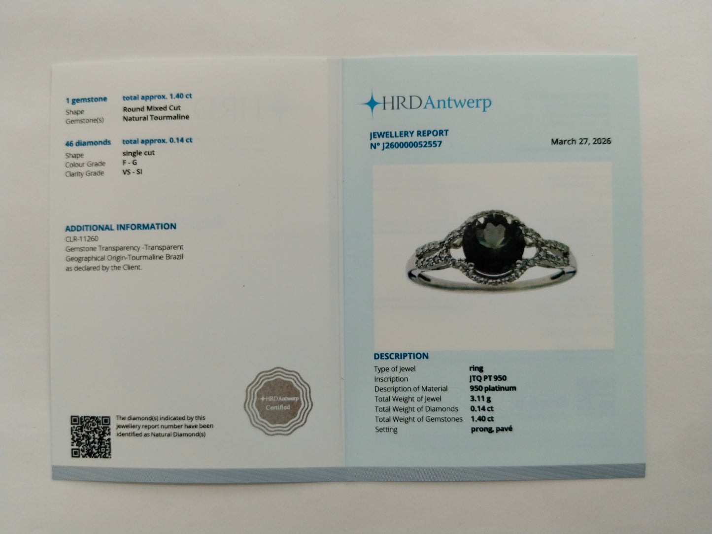 1.54 Ct Round Mixed Cut Natural Tourmaline 950 Platinum Ring
